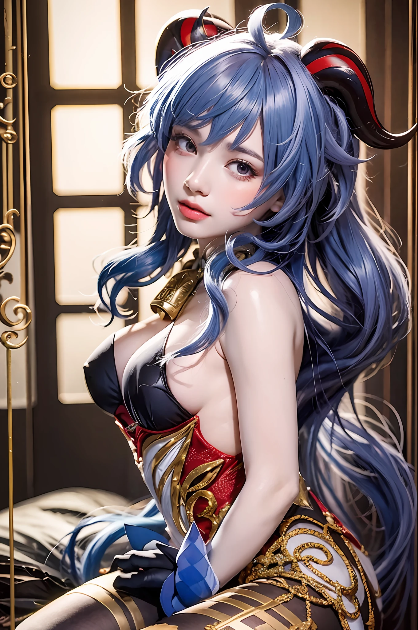 (photorealistic:1.4), (masterpiece, sidelighting, finely detailed beautiful eyes: 1.2), masterpiece*portrait, realistic, 3d face, 
ganyu \(genshin impact\), 1girl, ahoge, architecture, bangs, bare shoulders, bell, black gloves, black pantyhose, (blue hair), blush, breasts, chinese knot, detached sleeves, flower knot, gloves, horns, long hair, looking at viewer, medium breasts, neck bell