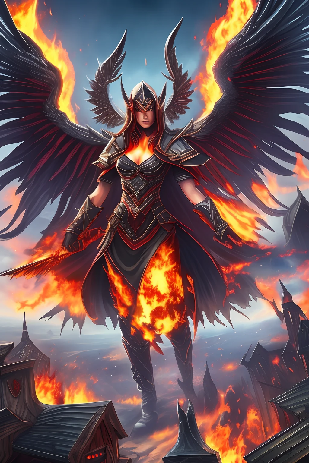 red evil fallen angel with huge firewings in apocaliptic city in flames --auto --s2