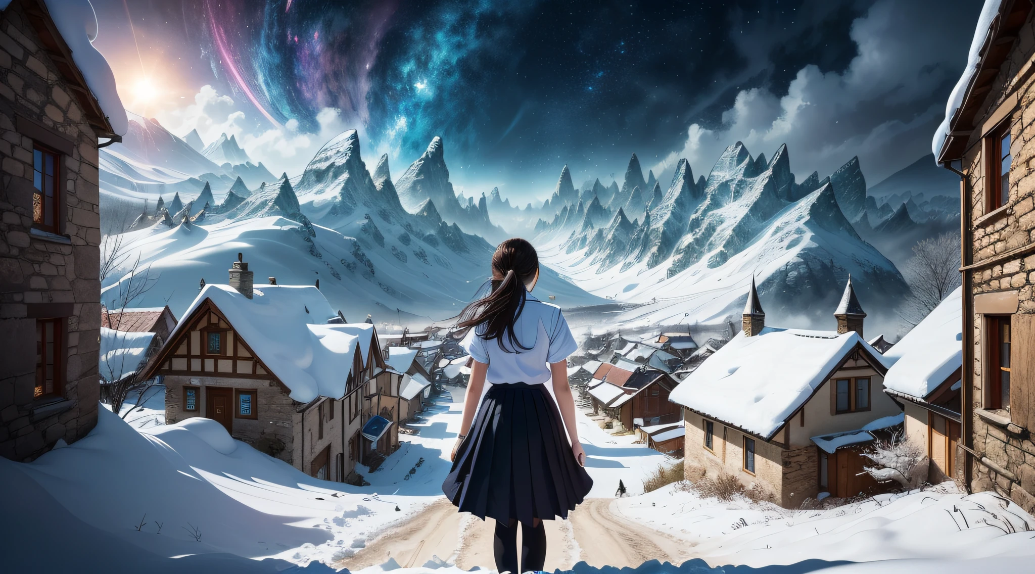 (masterpiece), (best quality), (ultra-detailed), (Amazing:1.1), 12mm f2.8 lens, morning glory, ((((full body), back shot, sitting))), (((a small surreal village at the foot of the snowy mountains))), ((((A high school girl with a full body back shot)))), bright light angel ladder, (((((without looking at me))))), ((A beautiful high school girl lost in a surreal world)), (17 yr old), (((beautiful small surreal village))), A high school girl who goes on a road without a road, wind flow, flowers bloom, (((wearing simple school uniform))), black hair, 8 life size, detailed hairstyles, detailed bodyline, (((fantasy))), flying jewels, frontier, (((surrealism world))), (magnificent space), concept art, raw, wallpaper, poster, sharp focus, hyperrealism, crystalline, perfectionism, 4k UHD,