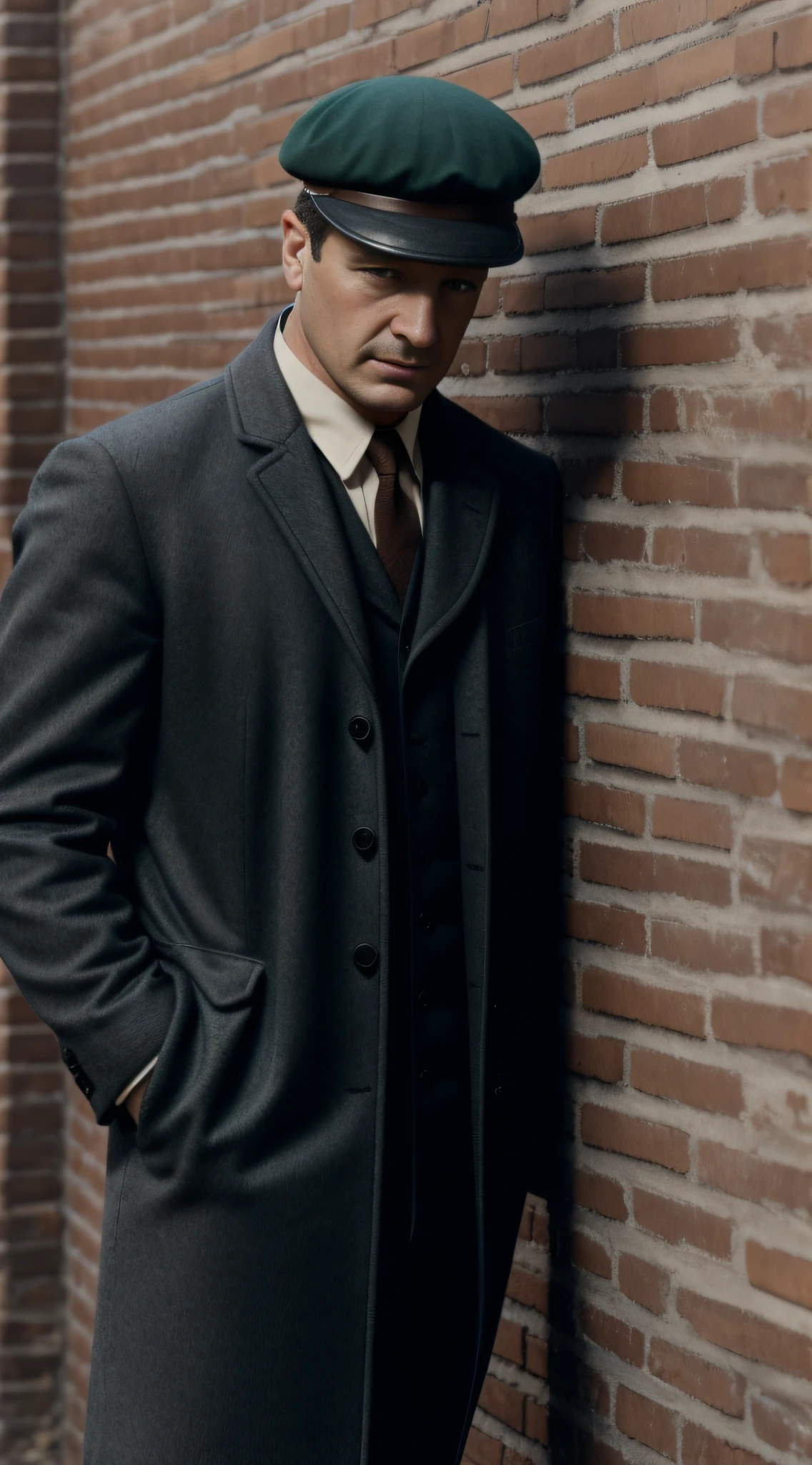 A man in a flat cap hiding at brick wall, 1950s, ussr, crime, danger