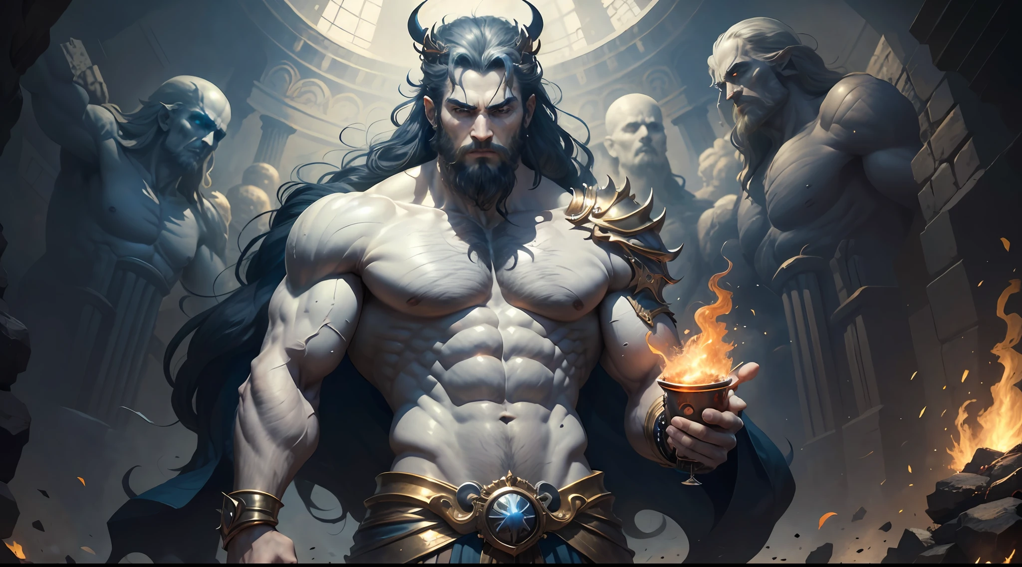 ((Best Quality)), ((Masterpiece)), (Detailed), image of Hades the Greek, (mythology: 1.2), (Majestic appearance: 1.1), (Underworld pistol in hand: 1.2), loose beard and hair, muscular physique, Wearing a crown made of shells, (The Realm of the Underworld: 1.1), (A powerful creature: 1.2), (Hellfire: 1.1), (Divine aura: 1.1), (domineering look: 1.1), 8k разрешение viking, rocker, rockstar, cool, glare, radiance, spectrum, titan, titanium