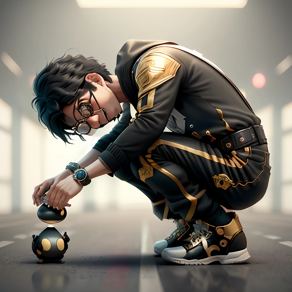 Young Asian men,Black hair,gold-wire glasses,The upper part of the body,Delicate shoes,Eye portrayal,Exquisite Hair,Popmart blind box,Clay texture,Treading on the ground,Black and white background,natural lightting,Best quality at best,hyper-detailing,arte 3D,c4d, OC renderer, a 3D render, 8k