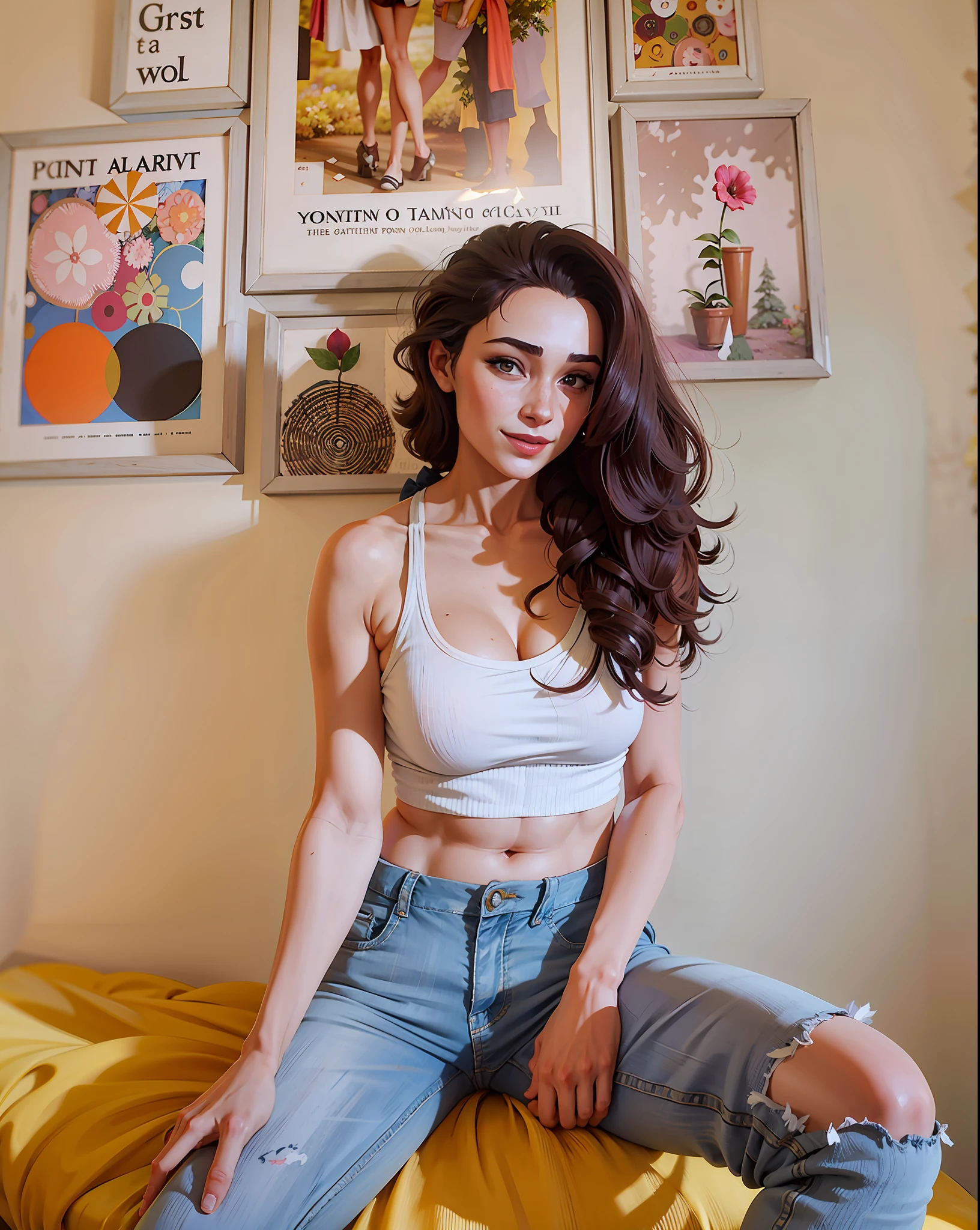 a hyper-realistic portrait of a young woman, smiling, inside a forest, in the middle of nature, 22 years old, realistic, (lying on her side), sexy, (huge breasts 2:1), short brown hair, (hair tied with bows), curved, SFW