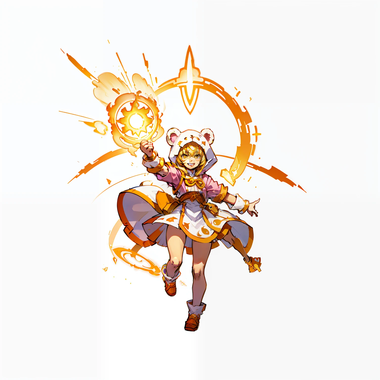girl with, Smiling, Full body shot, No background, White background, 5years old, ???, Wearing a bear design hood, Esper, Floating objects with supernatural powers, Pink and yellow and white