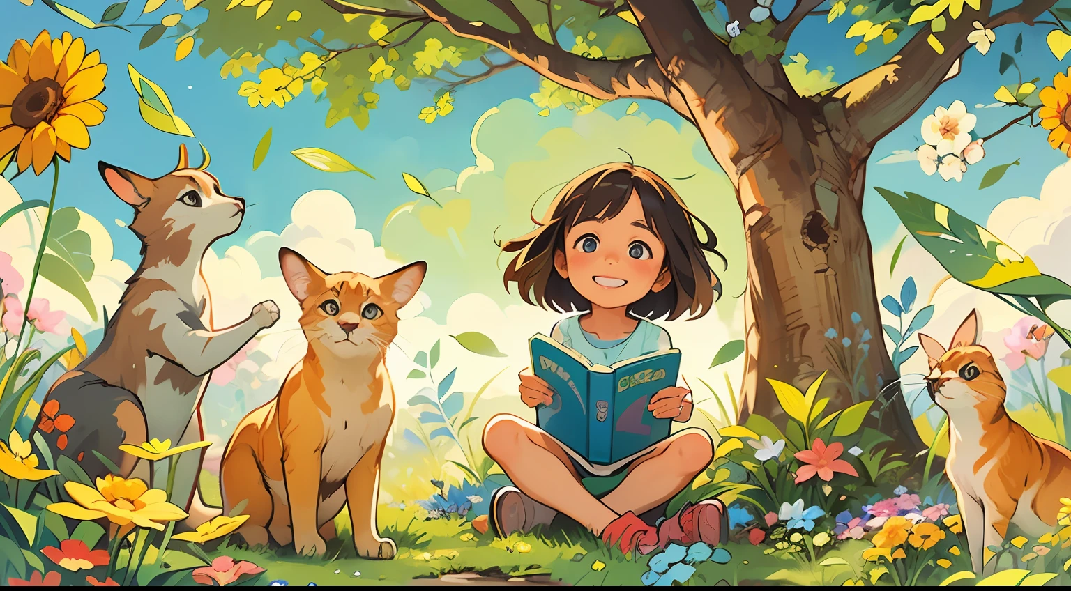 A joyful children's book cover for learning to read, featuring a curious young girl sitting under a colorful tree with a book in her hands, surrounded by playful animals, vibrant flowers, and a bright blue sky, Artwork, illustration,