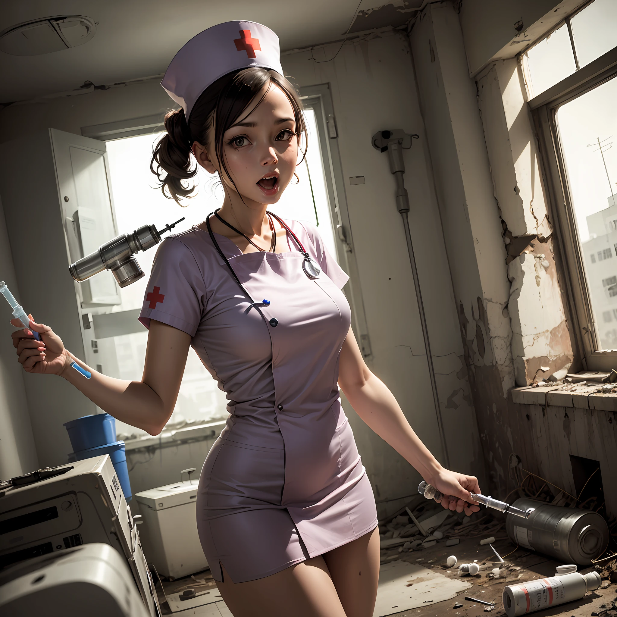 abnormal, funny nurse in a ruined hospital with a big syringe --auto