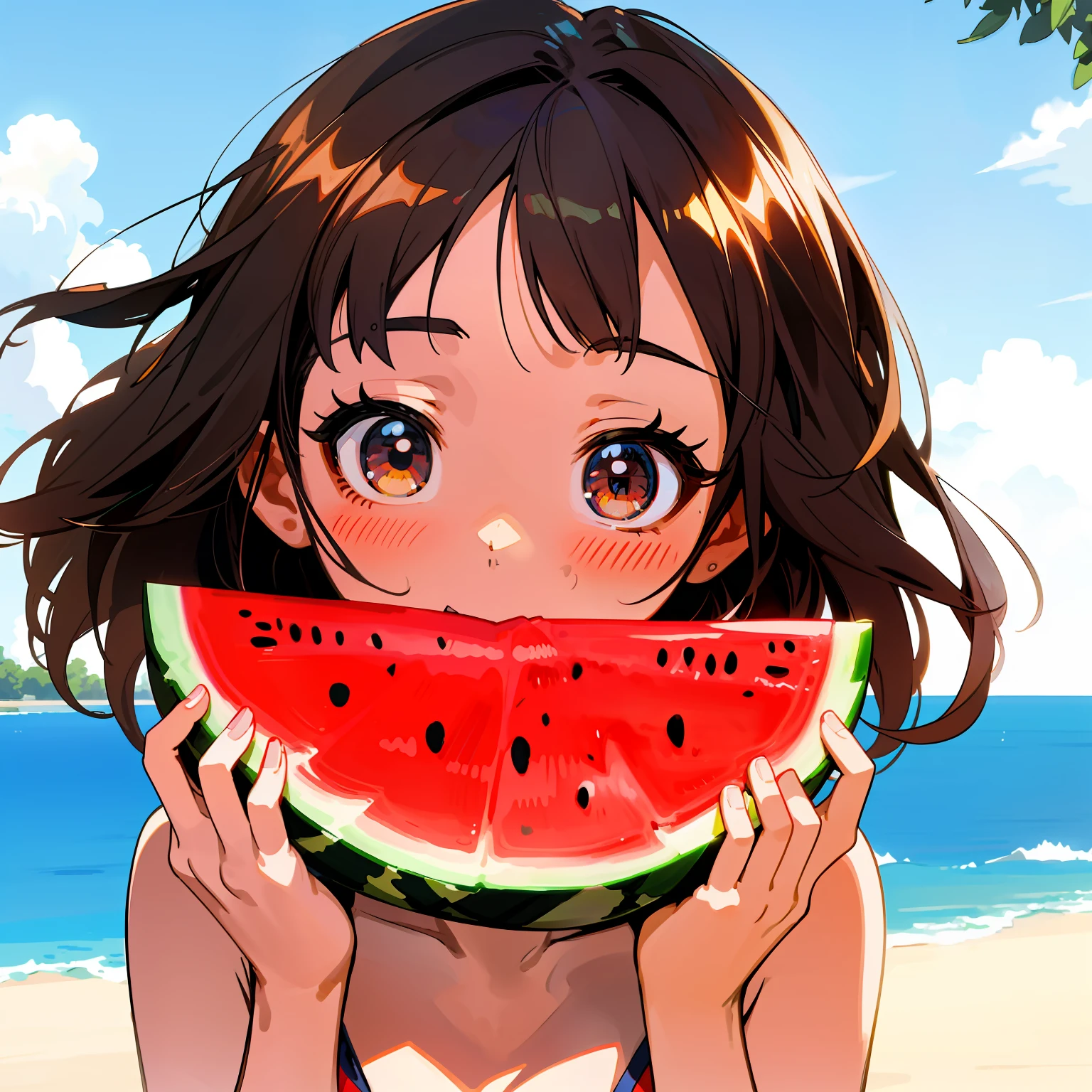 Anime girl with a slice of watermelon in her hands, material is!!! Watermelon!!!, Cute Anime, digital anime art!!, anime moe art style, made with anime painter studio, hd anime wallaper, anime wallaper, Cute anime girl, High quality anime art style, 4k anime wallpaper, realistic anime art style, kawaii realistic portrait, high quality fan art, Watermelon