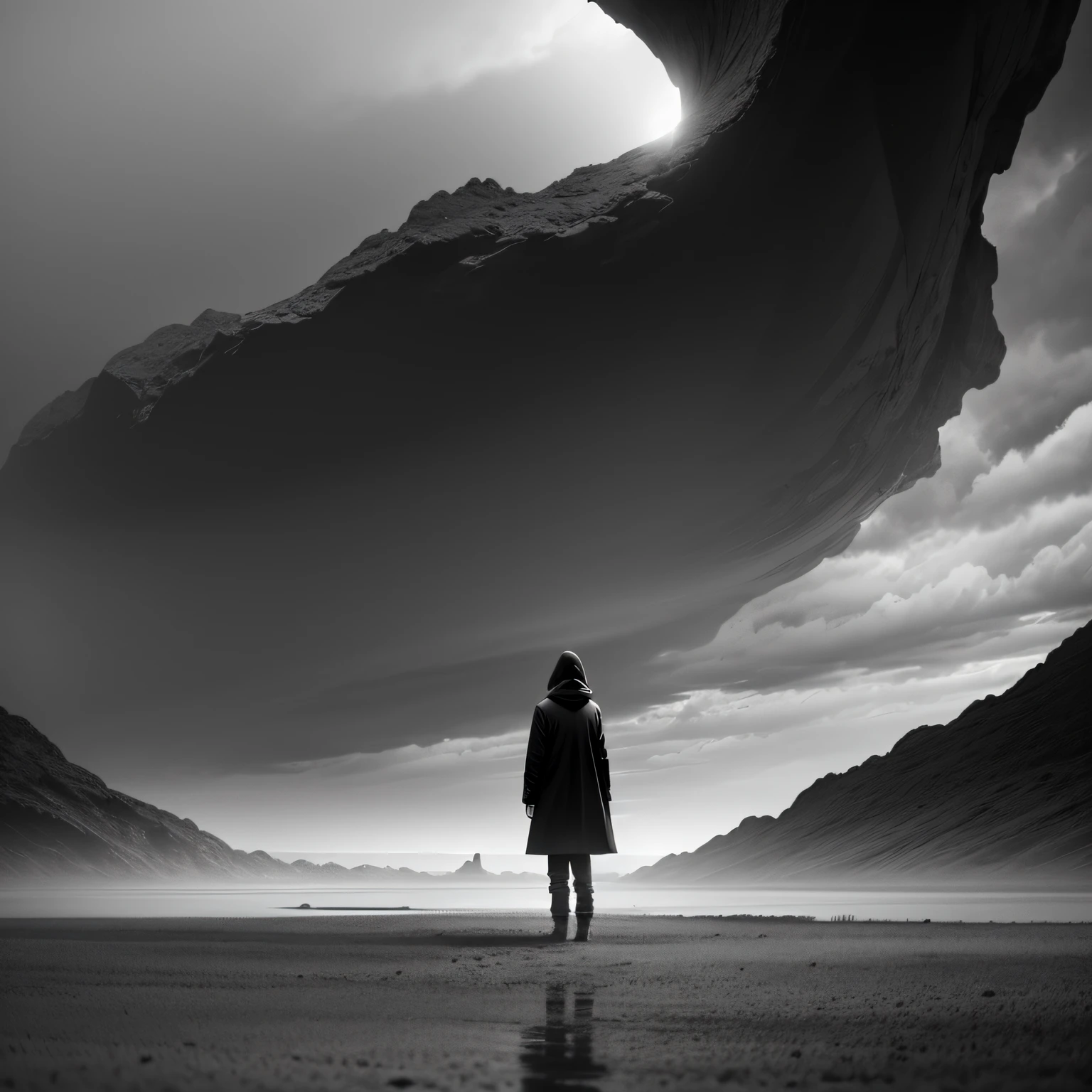 Black and white gray，Calm landscapes with depressed characters --auto