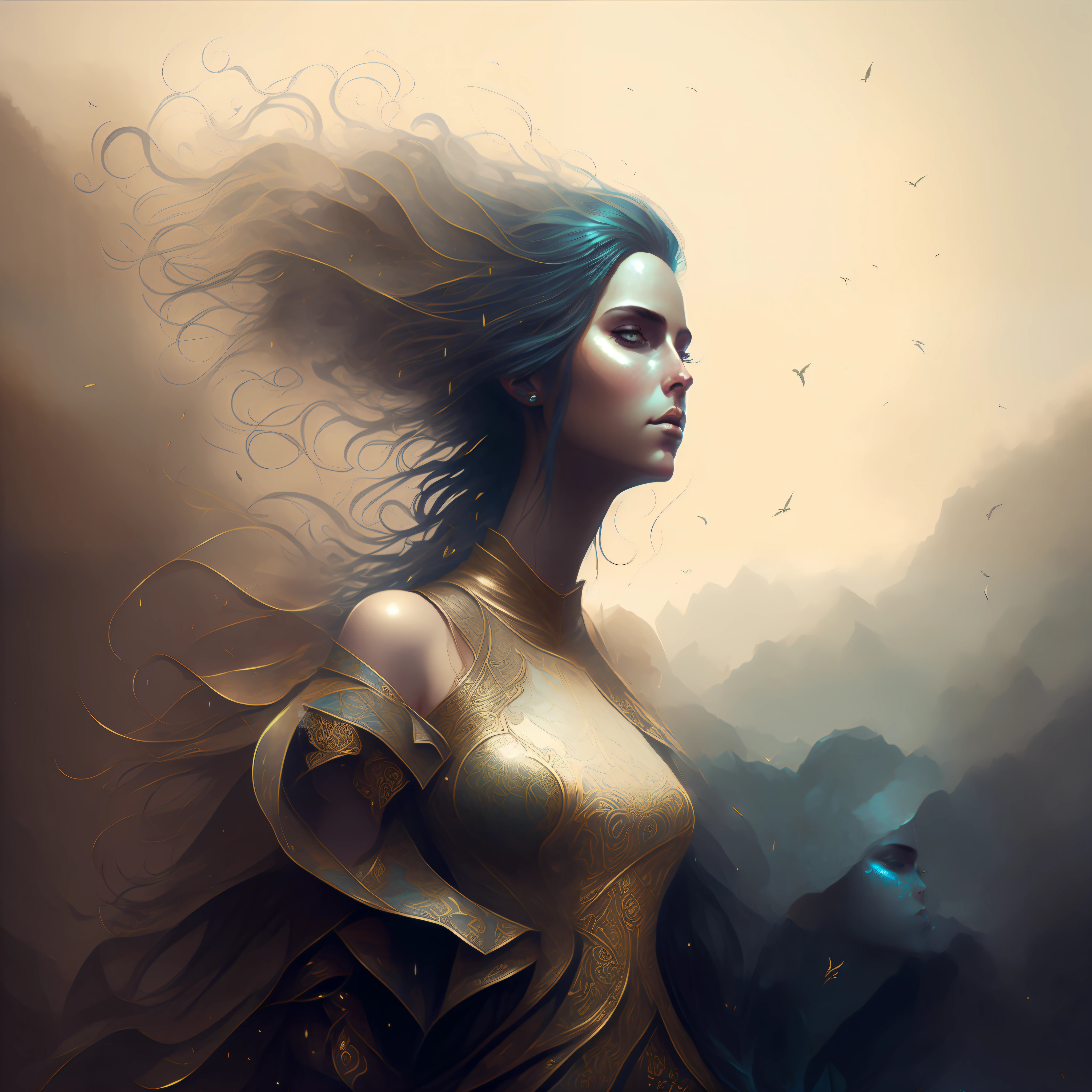 Hay una mujer con el pelo muy largo parada frente a una pared, inspirado por Darek Zabrocki, inspirado por Arik Brauer, Yuri Shwedoff y Tom Bagshaw, por Darek Zabrocki, Hermosa obra de arte digital, Arte digital impresionante, por Kurt Roesch, inspirado por Igor Kieryluk, inspirado por Maciej Kuciara