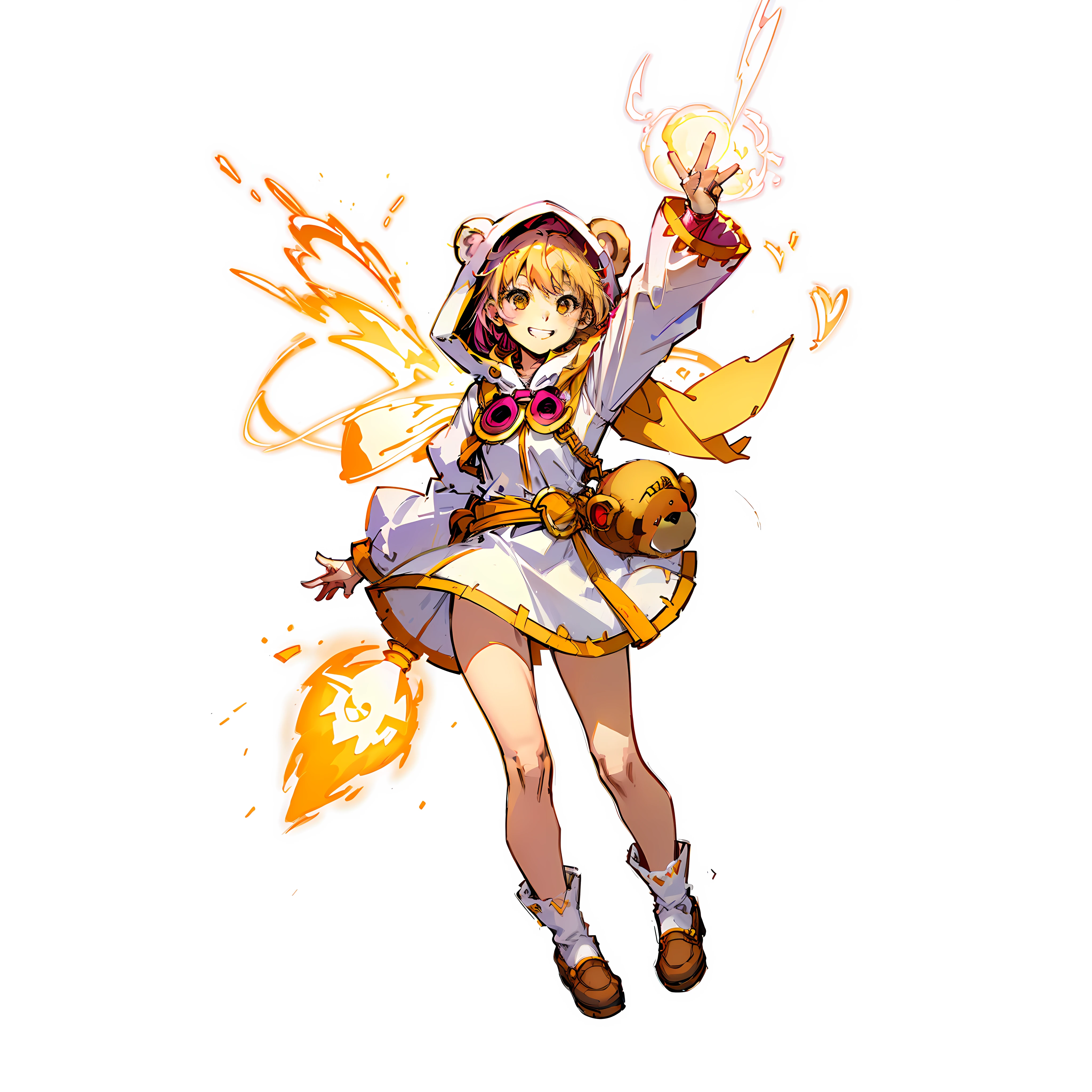 girl with, Smiling, Full body shot, No background, White background, 5years old, ???, Wearing a bear design hood, Esper, Floating objects with supernatural powers, Pink and yellow and white