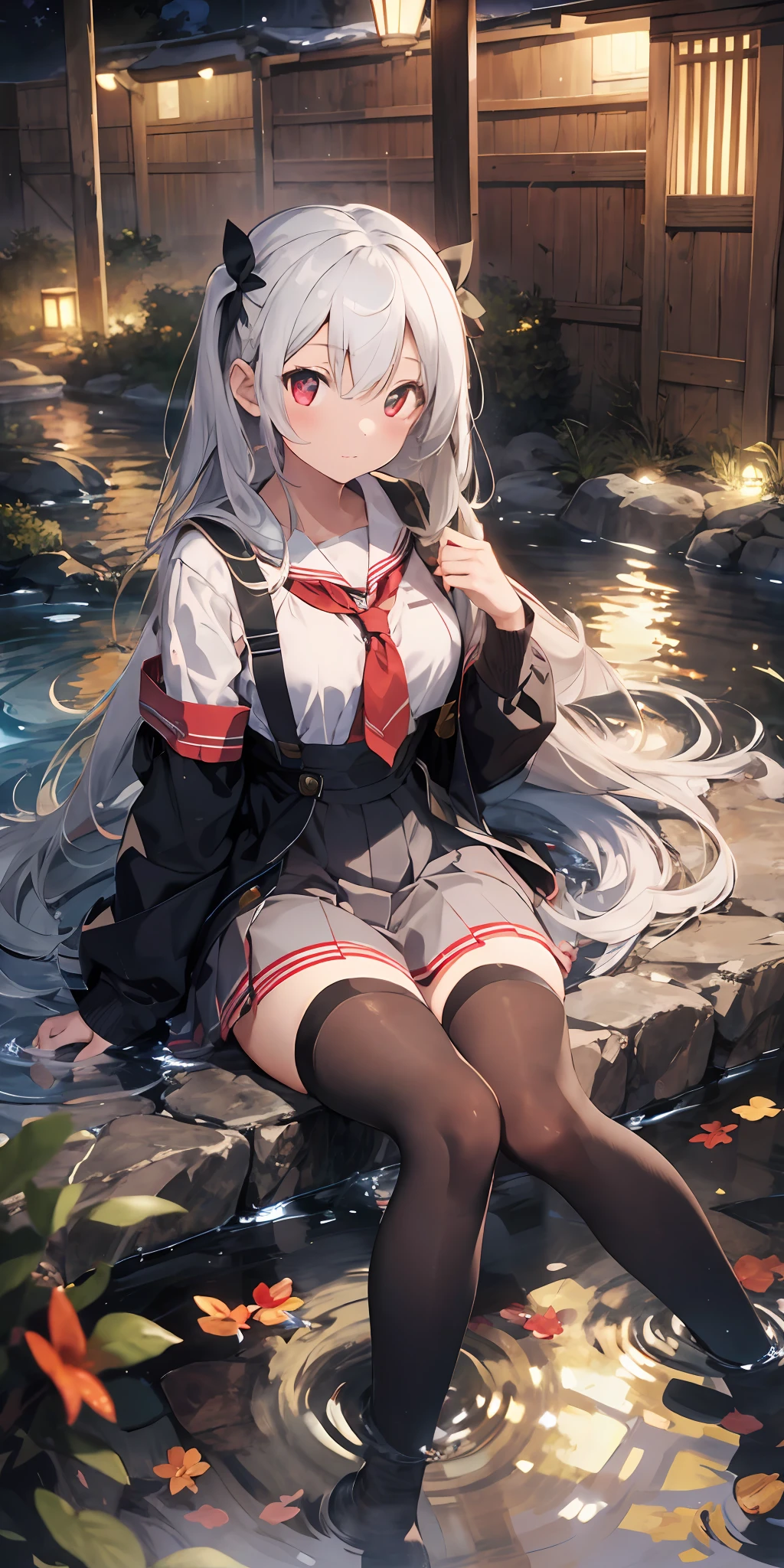 1girl, beautiful detailed eyes, long white hair, light red eyes, school uniform, high black stocking, lustrous skin, spa, onsen, night, high contrast, ((masterpiece, best quality))