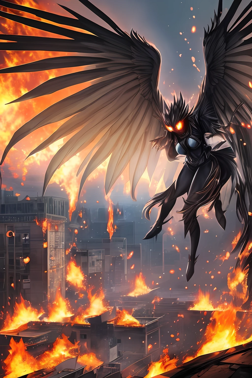 red evil fallen angel with huge firewings in apocaliptic city in flames --auto --s2