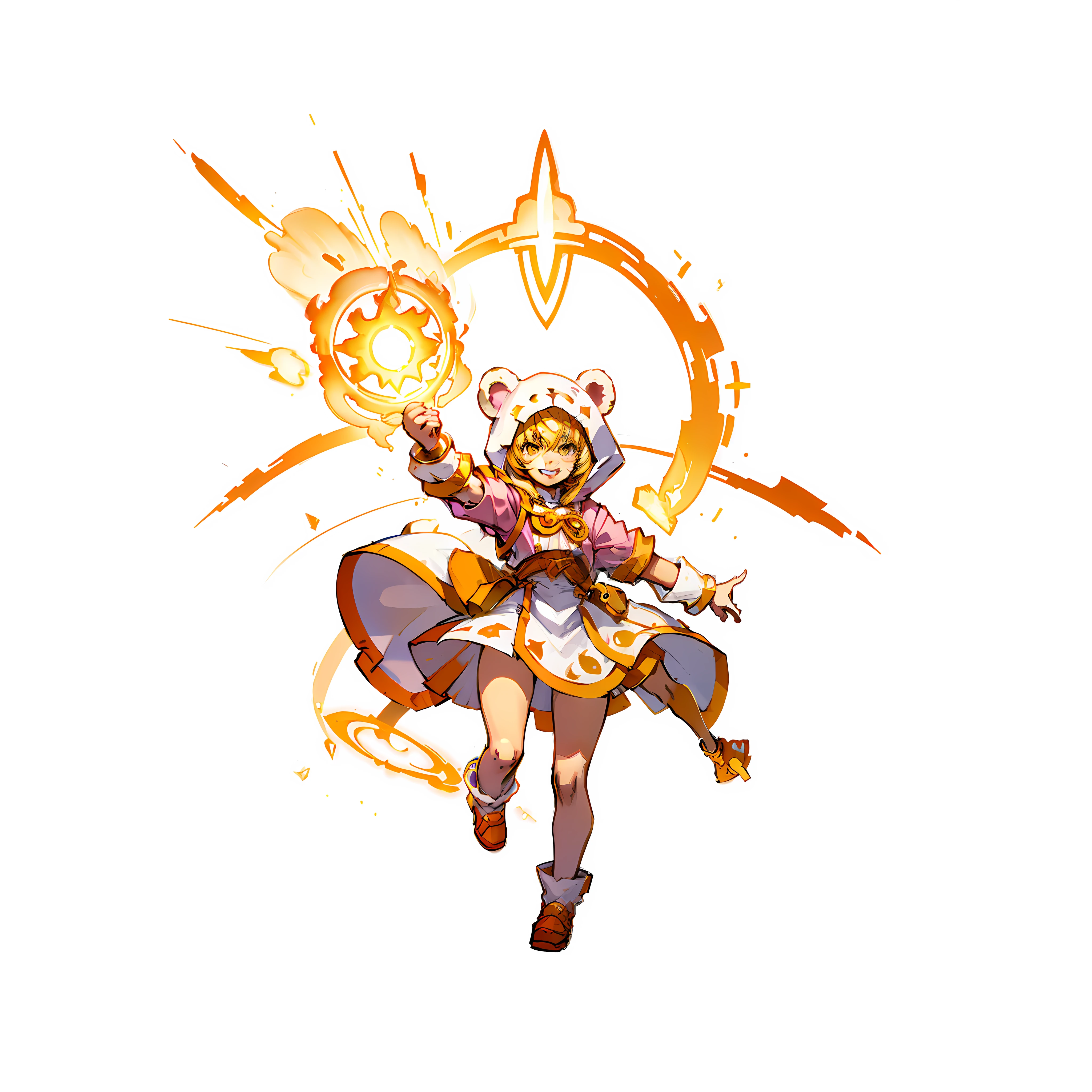 girl with, Smiling, Full body shot, No background, White background, 5years old, ???, Wearing a bear design hood, Esper, Floating objects with supernatural powers, Pink and yellow and white