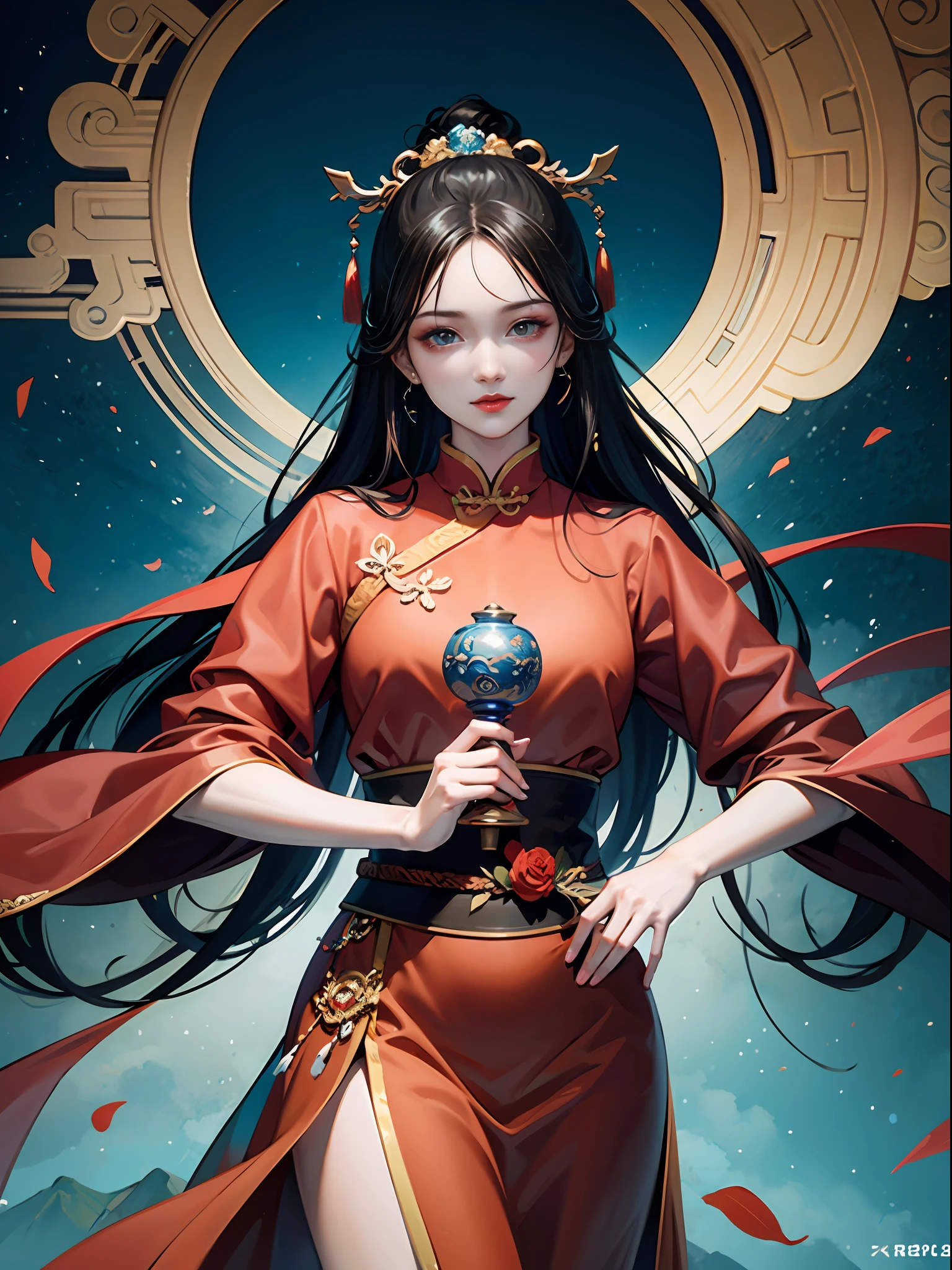 An ancient Chinese beauty, sunshine, clear face, ancient Chinese background, epic composition, ultra HD, extremely detailed, official art, unified 8k wallpaper, 32k -- v 6, Surrealism, bloom, cinematic lighting, cowboy shot, masterpiece, super detail, high quality, textured skin, award winning