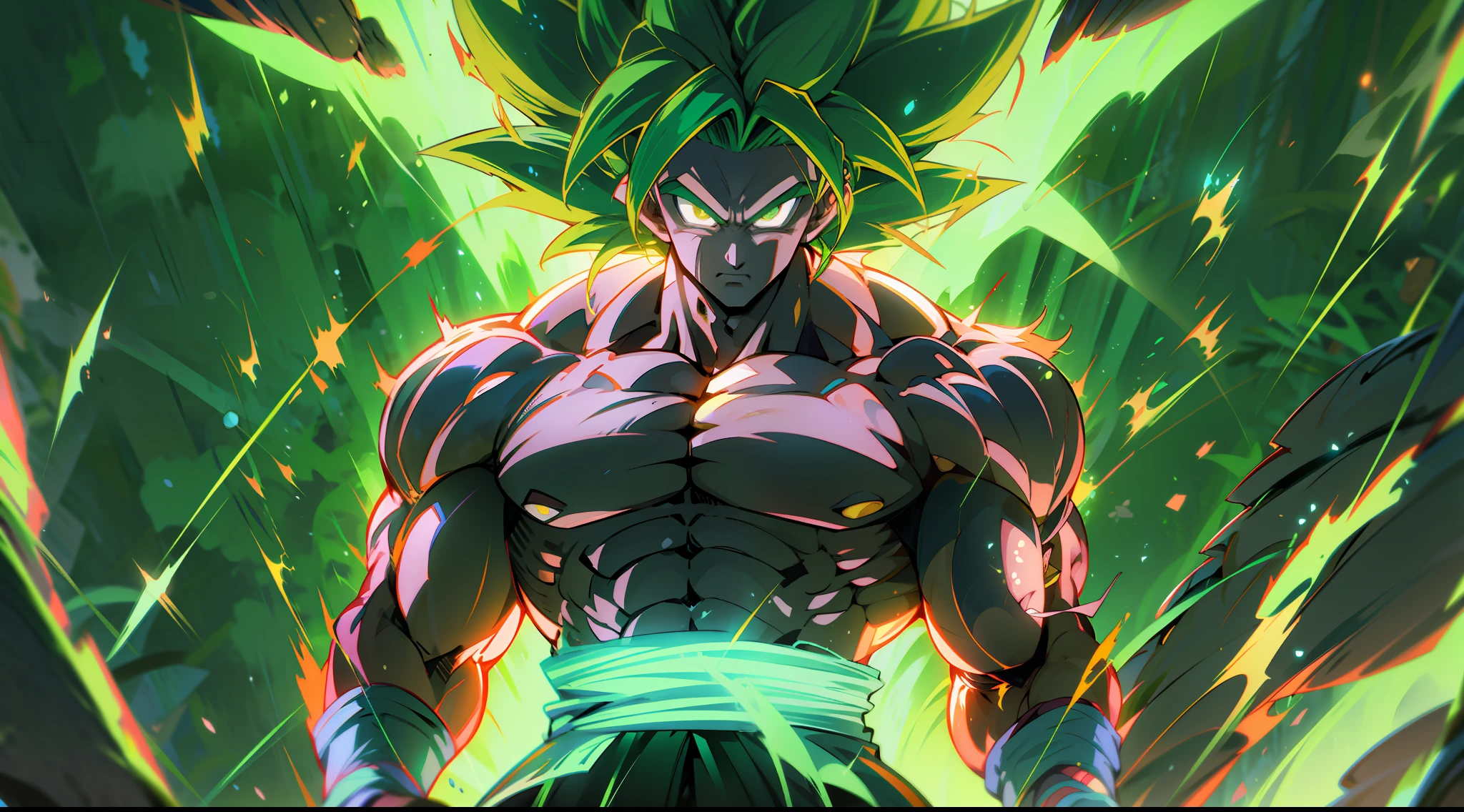 Broly transforming into the Legendary Super Sayan surrounded by green Aura and lightning full body shot big muscles charging up power, 4k, Green Hair, yellow Pupils, high details, epic, cinematic, soft light,