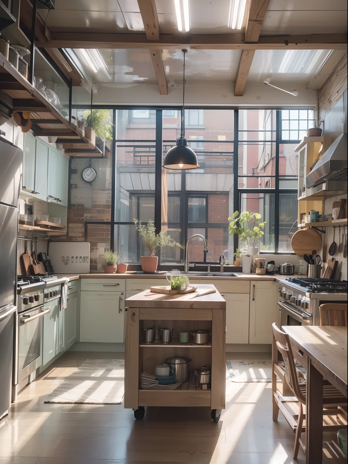 Highly detailed color RAW photography, Modern loft-style kitchen, (higly detailed, hyper-detailing, intricacy), ((DAY TIME)), (lens glare: 0,7), (bloom: 0,7), particle fx, ray traced, 电影灯光, Shallow depth of field, photographed on Sony a9 II, 50mm wide angle lens, Sharp focus