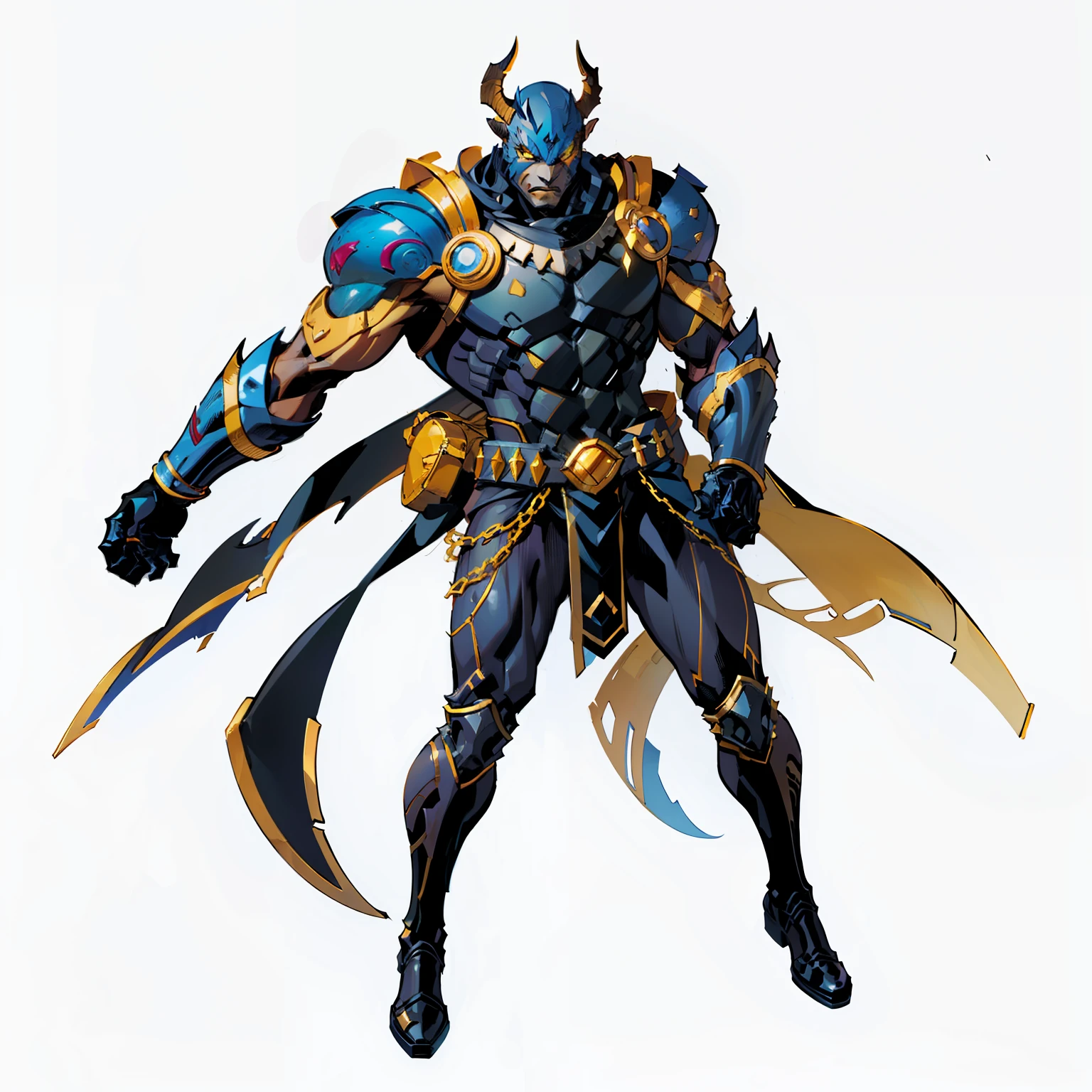 Black, Man's, Full body shot, No background, White background, Black skin, Steel-like body, Yellow eyes, Cool, Mask, Two horns, Hero