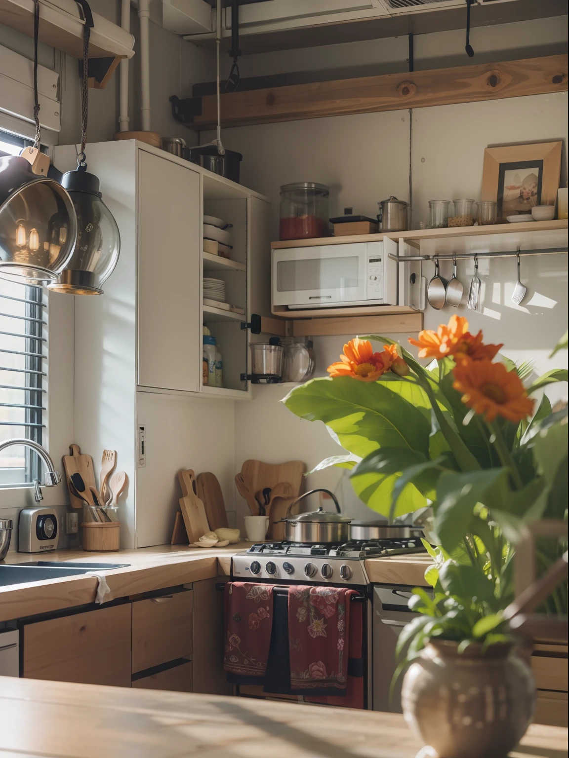 Highly detailed color RAW photography, Modern loft-style kitchen, (higly detailed, hyper-detailing, intricacy), ((DAY TIME)), (lens glare: 0,7), (bloom: 0,7), particle fx, ray traced, 电影灯光, Shallow depth of field, photographed on Sony a9 II, 50mm wide angle lens, Sharp focus