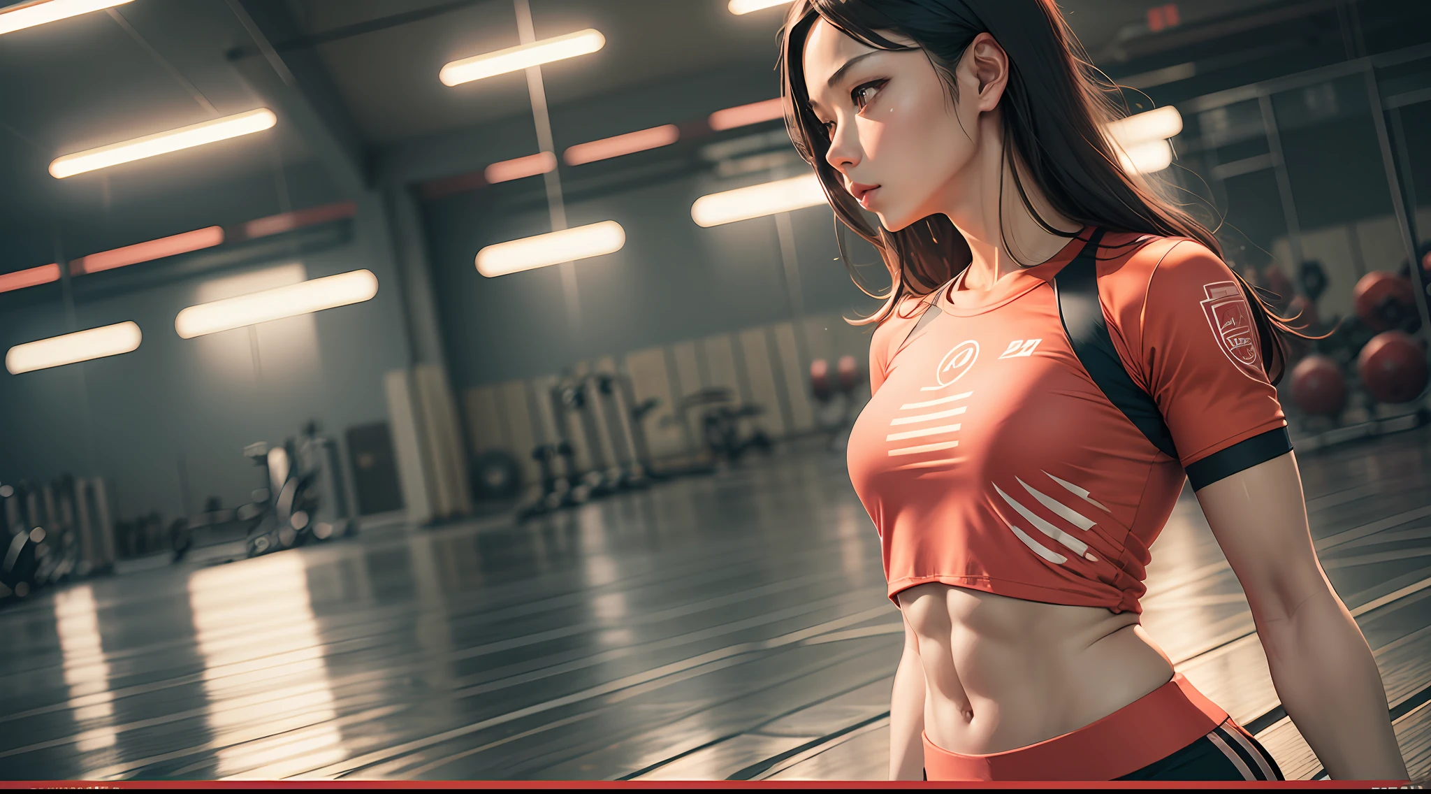 wooman fitness in gym::5 galactic::1 fire::1 satellite imagery::1 yoji shinkawa::1 neon red color::1 cotton::1 --auto --s2