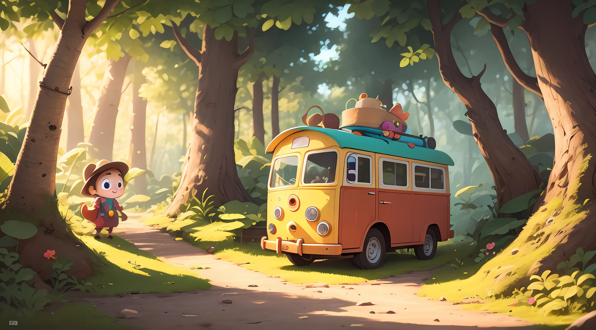 tmasterpiece, best qualityer, high qulity, extremely detailed CG unit8k wallpaper, award winning photography,Clear characters,2 children playing in the forest,One boy and one girl,Girl in hat,Wear suspenders,jelly fish,Cartoon ??? playing in the woods, children's book illustrations, childrens art in artstation, storybook illustrations,colorful kids book illustration,
