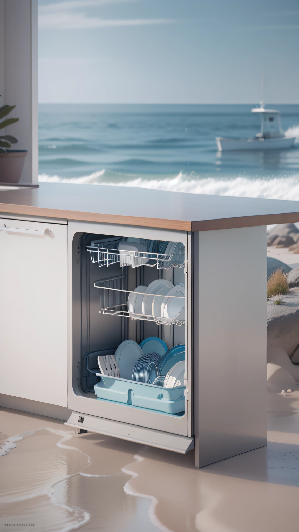 Dishwasher in the middle of rocky beach，sunny clear sky，Simple sky，azure sea，scandinavian style，succinct，Cool tones，frontal vision，commercial product photography，Very realistic，Ultra photo realsisim，ultra-realistic realism，brilliant detail，Award-winning，Super realistic，astonishing detail