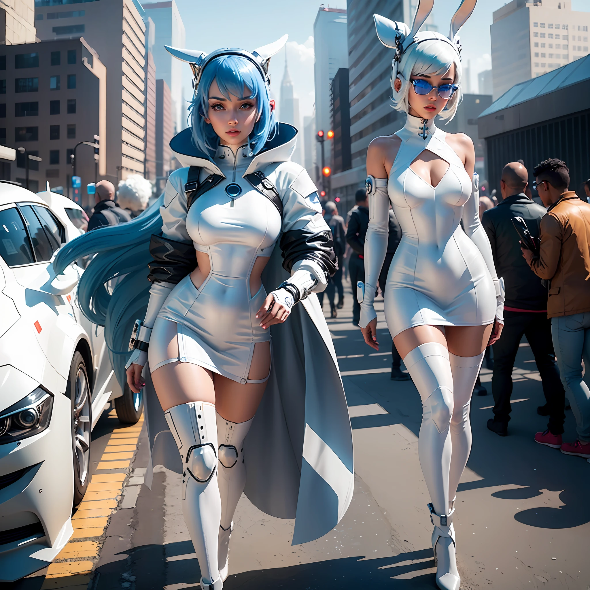 Woman in white dress,Rabbit ears and tech city background, fashionable futuristic woman, A fashion model, wearing futuristic clothing, Beutiful women, Futuristic woman, Beautiful female, Cute girl, - Blue-haired girl, wearing futuristic, White fashion lens, 3D Rendering Character Art 8K, Future Style, sci - fi character --auto