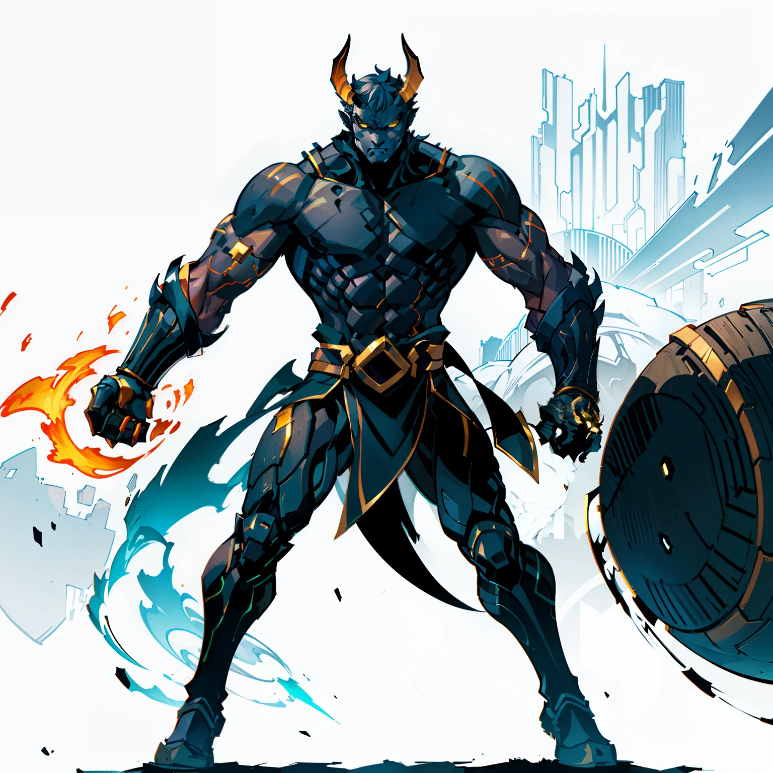 Black, ember, KID, Full body shot, No background, White background, Black skin, Steel-like body, Yellow eyes, Cool, Two horns, Hero, skinny, one person