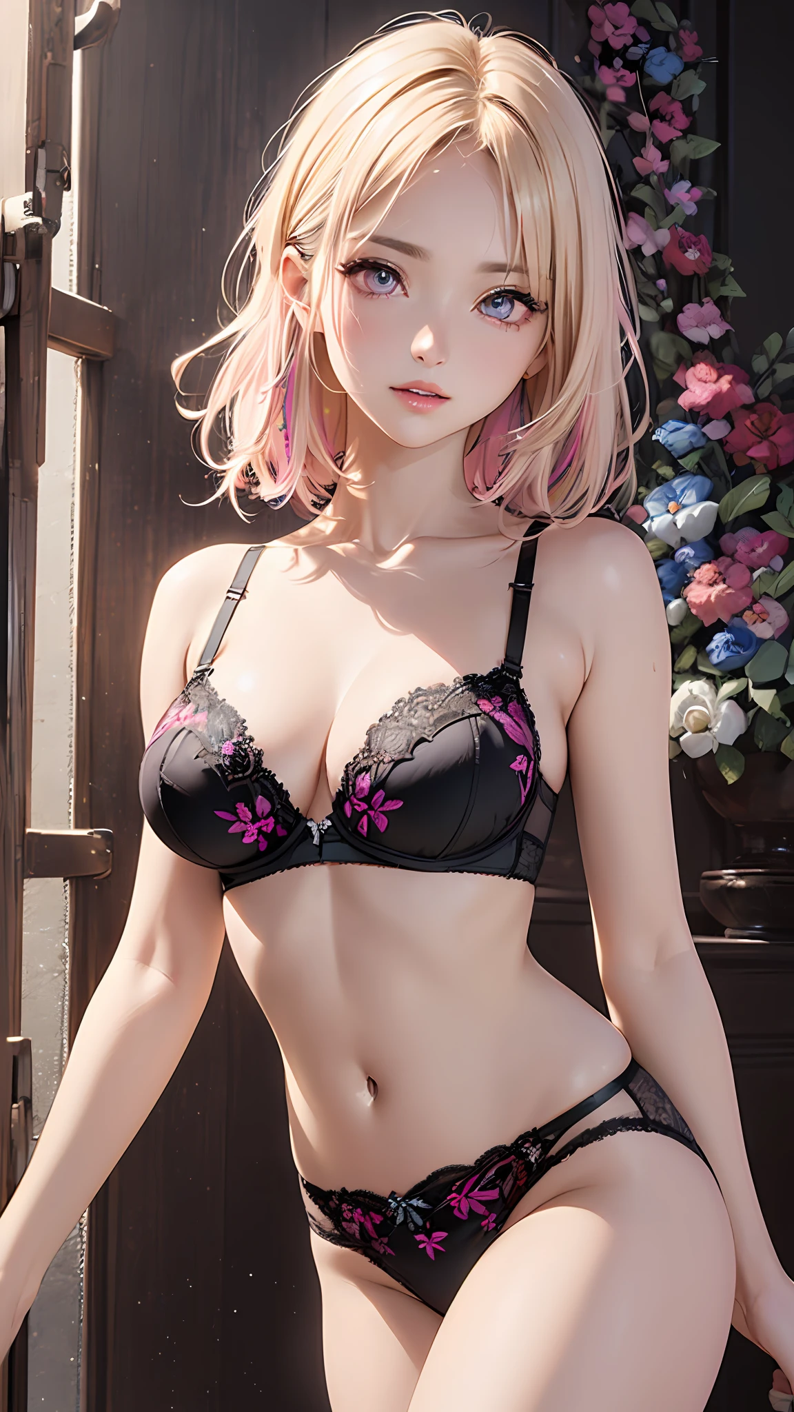 NSFW,Sexy,(Bra,+beautiful detailed Panties with colorful floral embroidery and gorgeous embroidery +:1.5),Salute,(White flower motif lingerie),(Gorgeous:1.2),(Lace,Detailed:1.3),(See-through:1.6),Large breasts,
Romper
(Mole under the eyes), (Purple eyes:1.1), medium breasts,thin lips,(slender),Happy,
break
masterpiece, Best Quality,(Photorealistic: 1.4),Ultra High Resolution, Unity 8k壁纸, (Beautiful detailed eyes:1.6),Symmetrical, extra detailed face, Perfect Lighting, (Perfect hands, Perfect Anatomy),