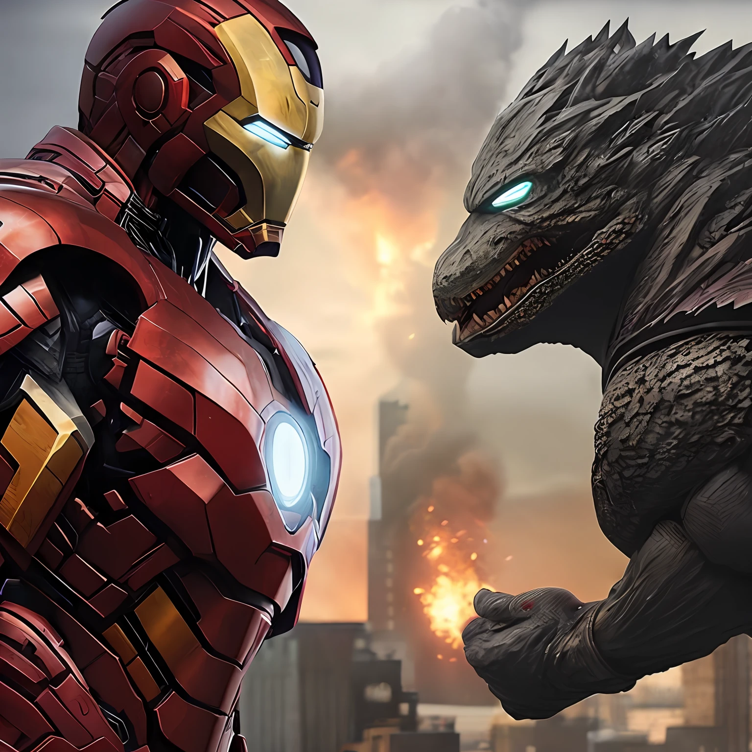 Iron Man vs. Godzilla,head on hands,Houses collapsed,The war is raging,Steel and metal,Authentic texture Godzilla,Will glow,3Drenderingof,ultra - detailed,ultra - detailed --auto
