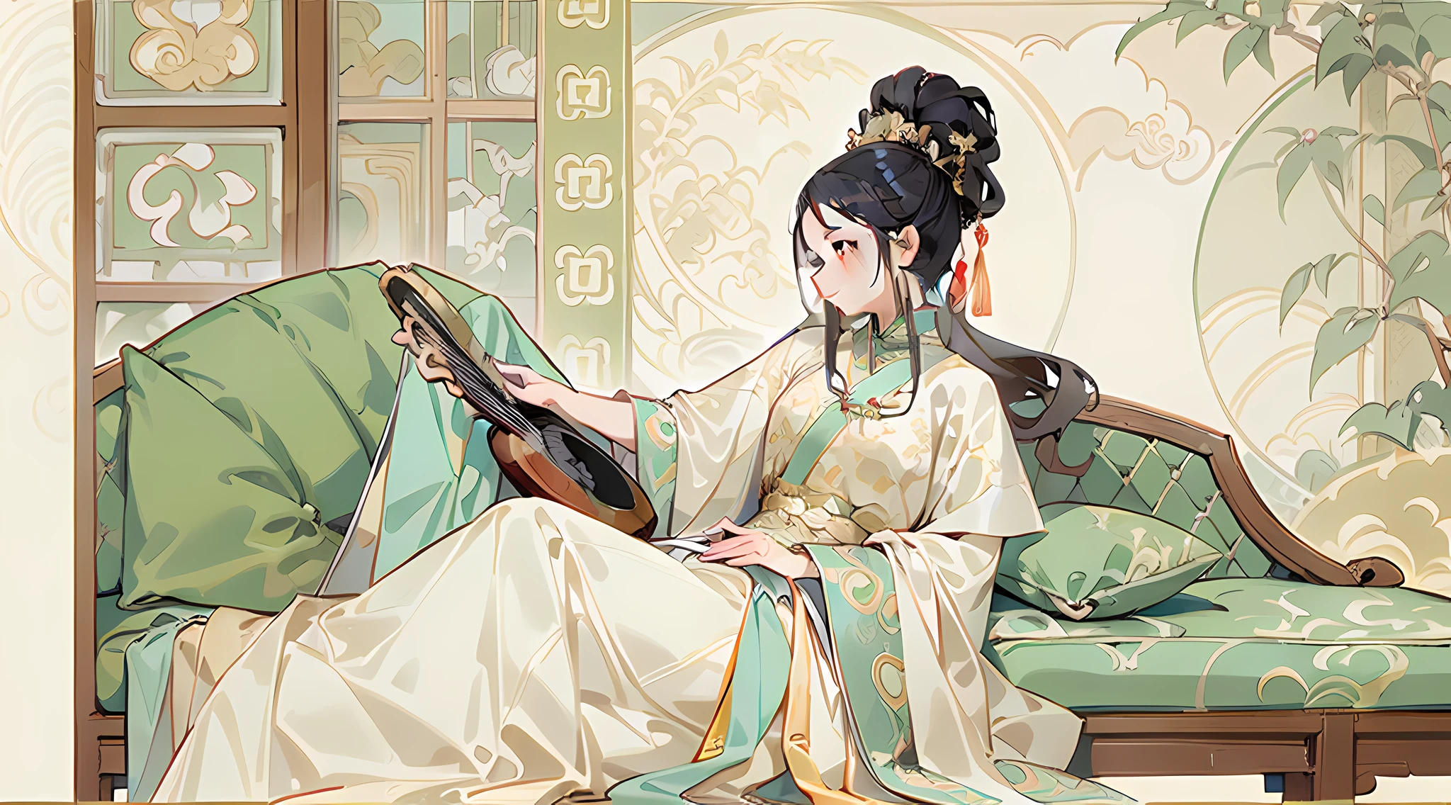 Painting of a woman sitting on a classical Chinese chaise longue, Holding a lute，Warm gauze dress，Gorgeous accessories，clean lineart,perfect lineart, Ink outline, Ink outline