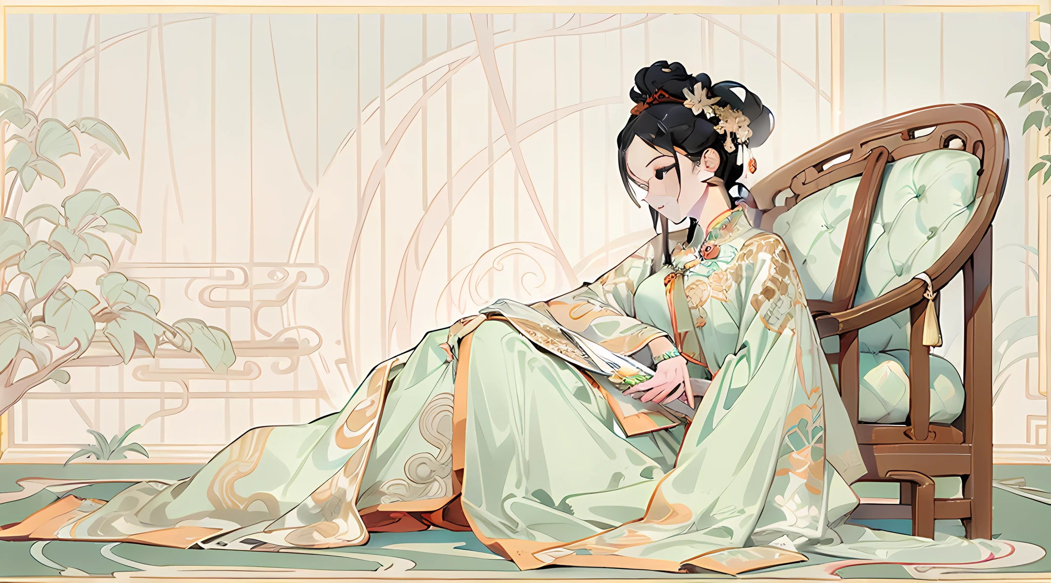 Painting of a woman sitting on a classical Chinese chaise longue, Holding a lute，Warm gauze dress，Gorgeous accessories，clean lineart,perfect lineart, Ink outline, Ink outline