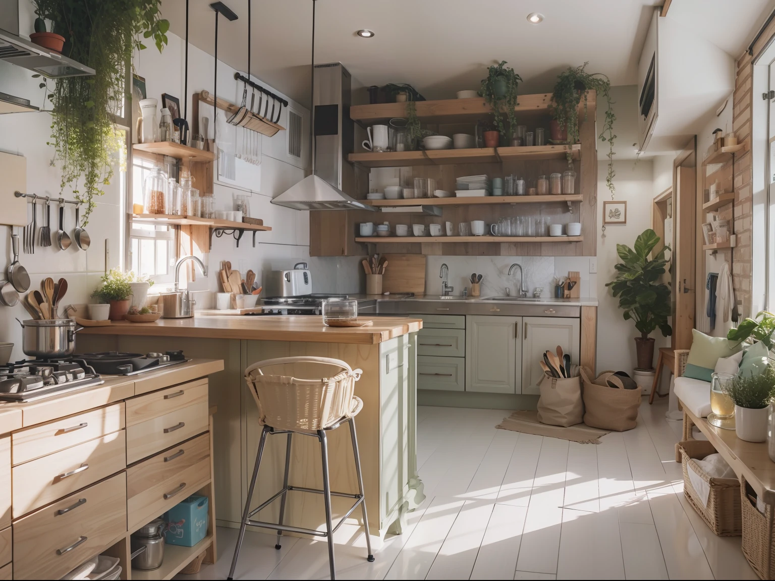 High-detail RAW color photography, Modern loft-style kitchen, (higly detailed, hyper-detailing, Entanglement), ((DAY TIME)), (lens glare: 0,7), (bloom: 0,7), particle fx, ray traced, 电影灯光, Shallow depth of field, photographed with Sony a9 II, 50mm wide angle lens, sharp-focus