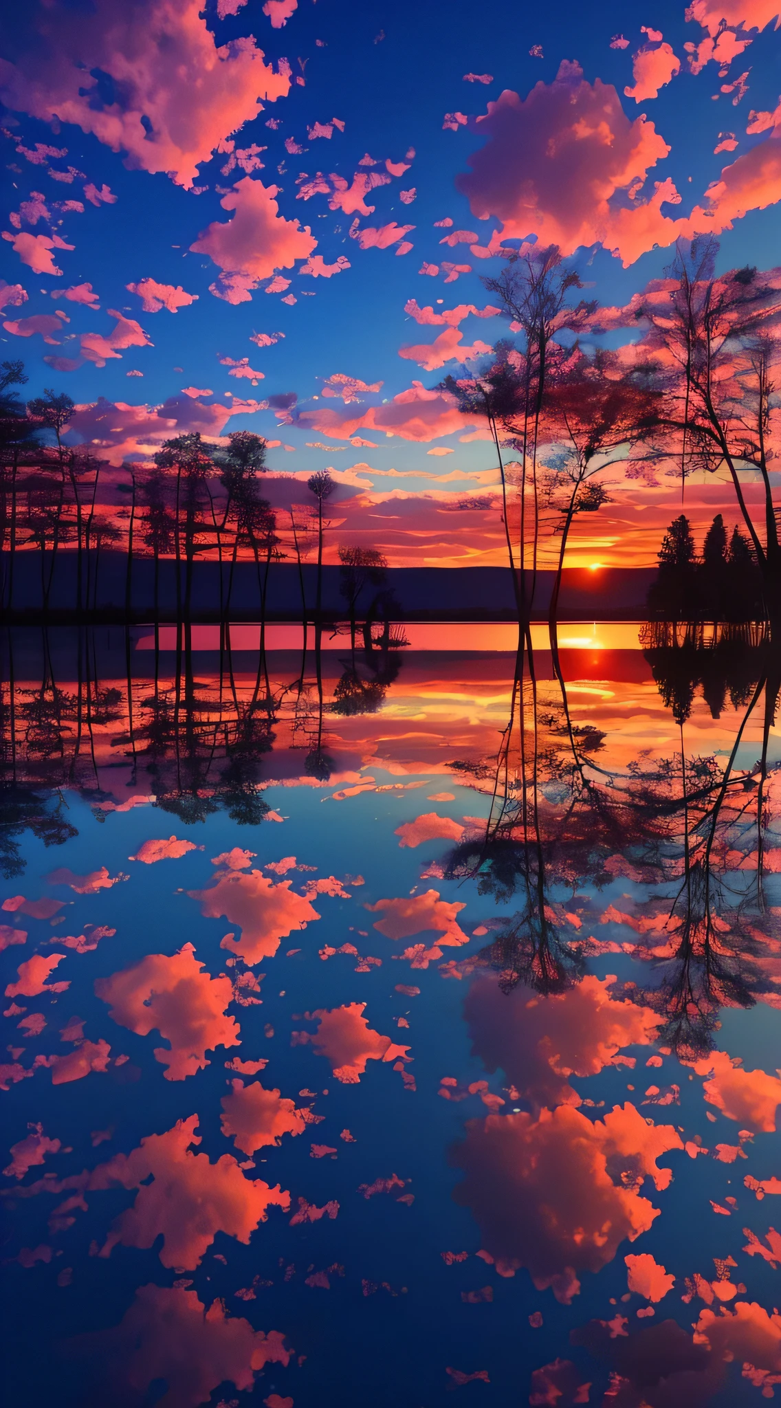 there is a beautiful sunset with a lake and trees in the background, colorful skies, surreal colors, colorful sunset, colorful sky, marvellous reflection of the sky, stunning sky, dream like atmosphere 8k, colorful clouds, colors reflecting on lake, surreal sky, red and blue reflections, fire reflection, beautiful sky, beautiful and spectacular dusk, beautiful dreamy landscape, amazing sky