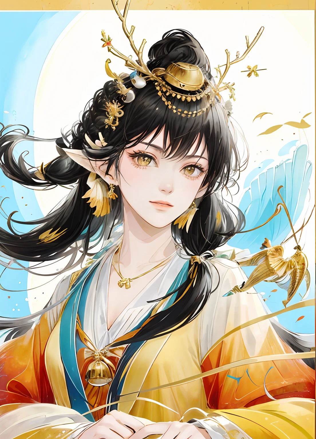 Golden eyes，Mermaid ears，tmasterpiece, high high quality,1female,looking at viewert,east asian architecture,themoon,butterflys,The upper part of the body,Bell fringed earrings，whaite hair