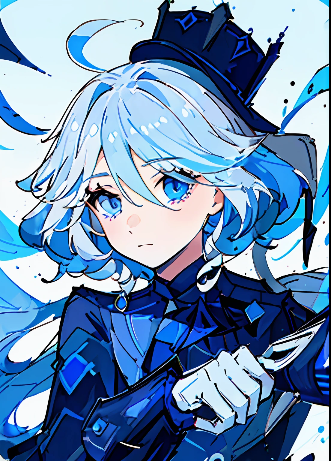 ((masterpiece,best quality)),(negative space:1.4),(1girl, solo:1.4),beautiful detailed eyes,floating light blue hair, blue hat, blue jacket, closeup portrait face