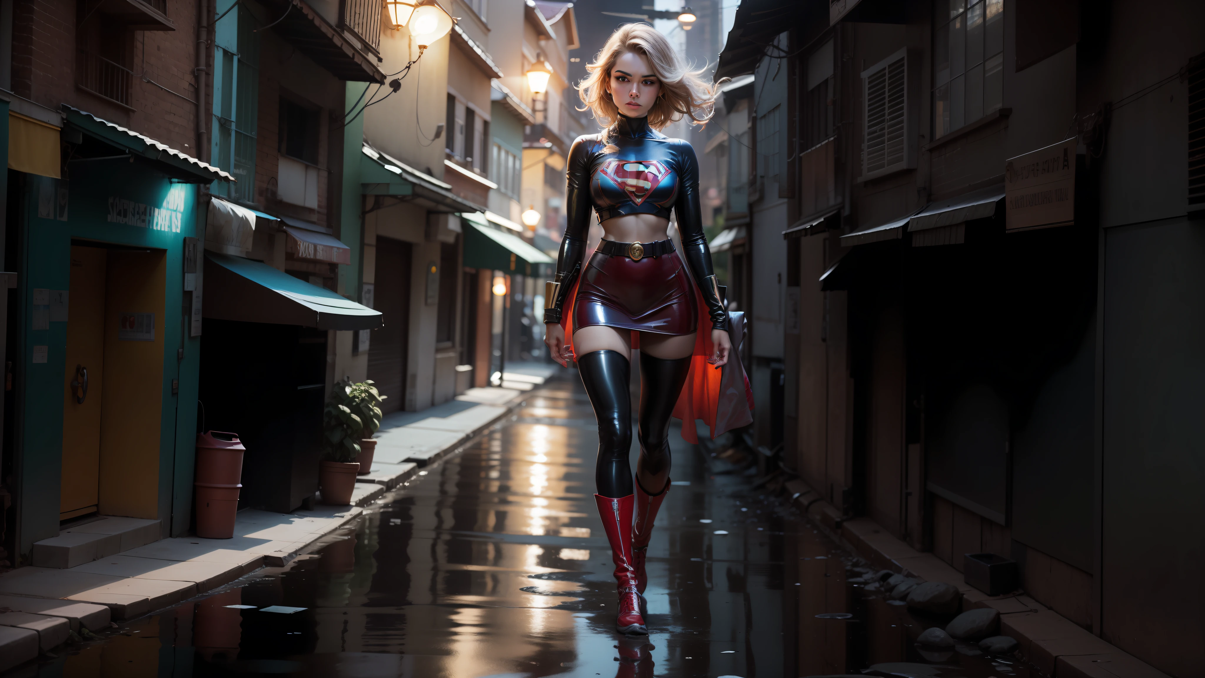 Mulher jovem, bonita, athletic, cabelos loiros, coxas grossas, middlebreasts, cintura estreita, usando top de latex com S de supergirl no peito, top de mangas longas, saia de latex preta, saia curta, saia justa, roupas curtas, pernas bonitas, pernas nuas, abdome definido, abdome exposto, magra, elegante ambiente urbano, luz do dia