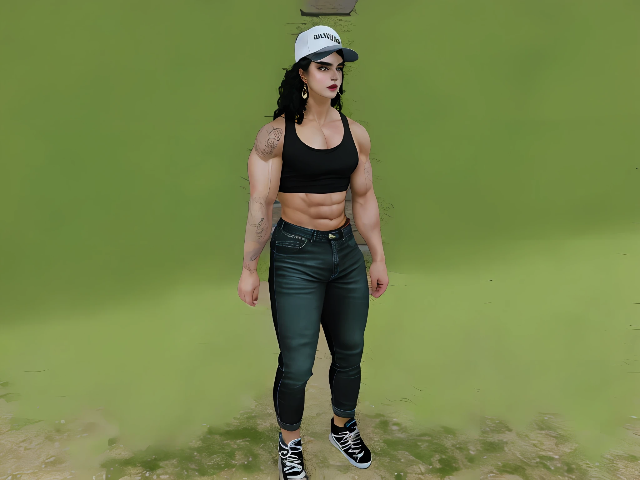 Male, beautiful androgynous girly boy, otoko no ko, manly femboy, flat chest, large pectorals, big pecs, bulging pectorals, muscular, thick thighs, huge thighs, thunder thighs, big butt, bodybuilder, strong, powerful, delicate feminine facial features, effeminate man, clean shaven, skin tight clothes, long hair, curly hair, black hair, amber eyes, thick eyebrows, long straight nose, long eyelashes, thin lips, short chin, chubby cheeks, makeup, heavy black eyeliner, purple lipstick, earrings, ear piercings, nose piercing, trucker hat, tank top, muscle shirt, tight jeans, sneakers, strong fat bacchanalian body, Anime, manga.