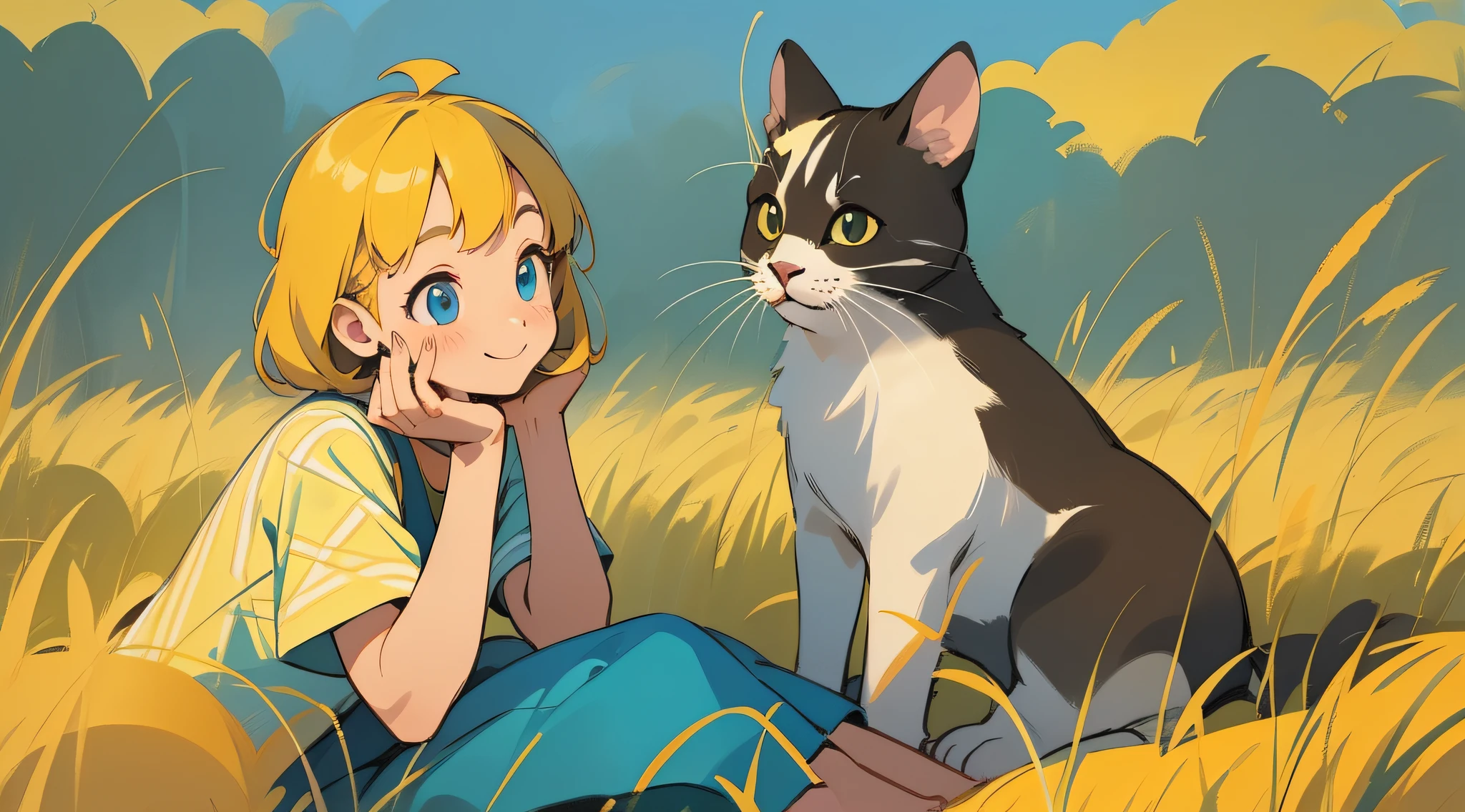 A girl sits in a golden rice field to chill，ssmile，Play with 1 cat，The bird，grassy fields，Picnic cloth，blue-sky，baiyun，Hand drawn illustrations，a warm color palette