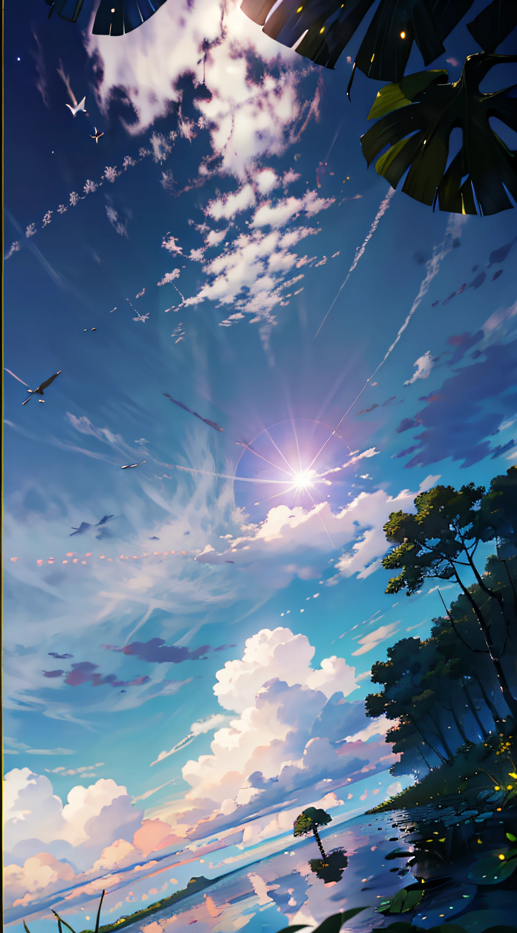 Summer, White Clouds, Runway: 1.2, Tree, Shooting Star, Small Waterhole, Reflection, Shady, Sunlight, Wide Angle, Best Quality, 8K, Perspective, Depth of Field, High Resolution, Fine Detail, Ultra Detail, Sharp Focus