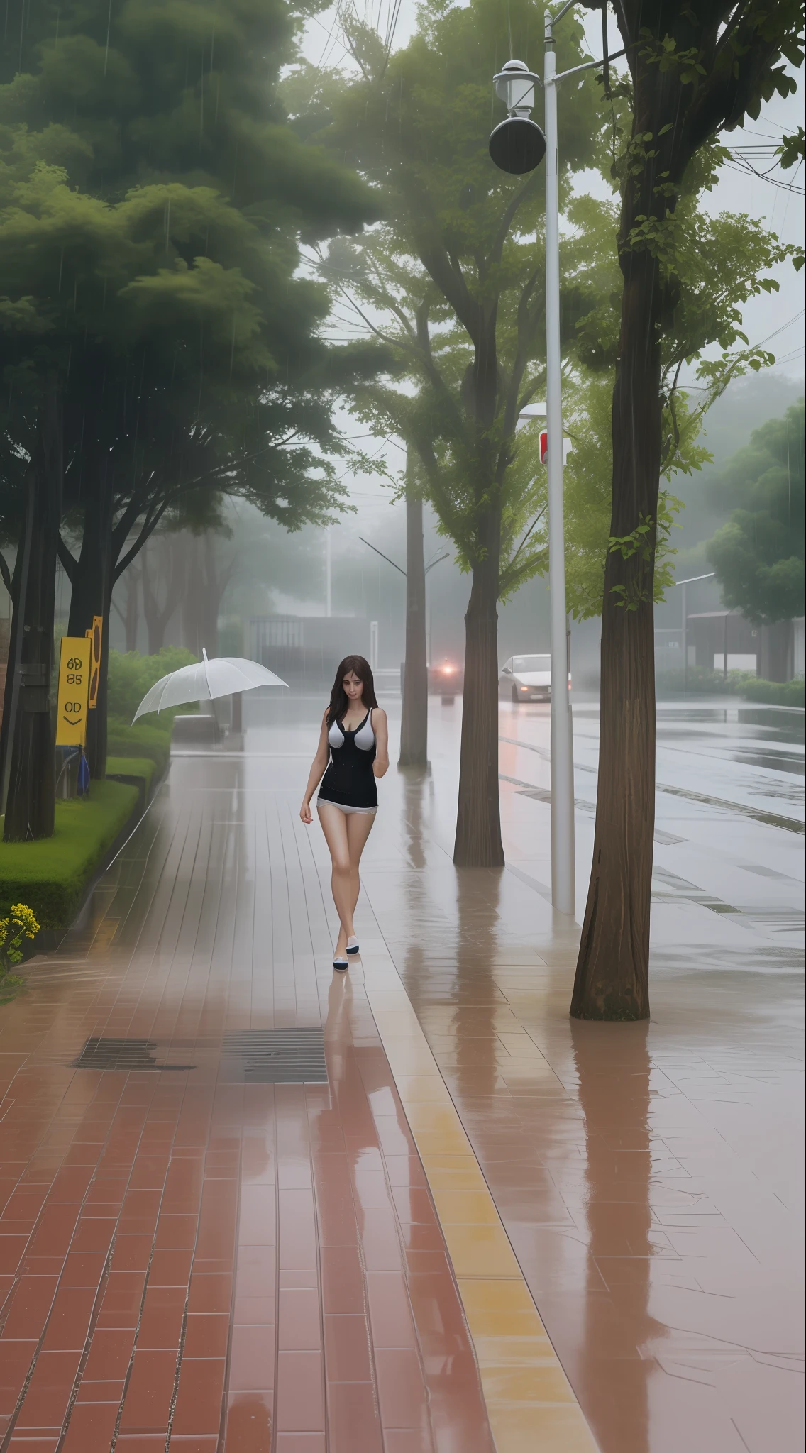 Rainy, raining, Best Quality, Best resolution, 3DMM (3DMM), 8K, shame, shapely, Glossy, Photorealistic:1.5, The best details, wet by rain, Body with perfect proportions, Huge heap, no panty, No bra, Wet and shiny interior,  with dramatic lighting, Dark, But partly dazzling,