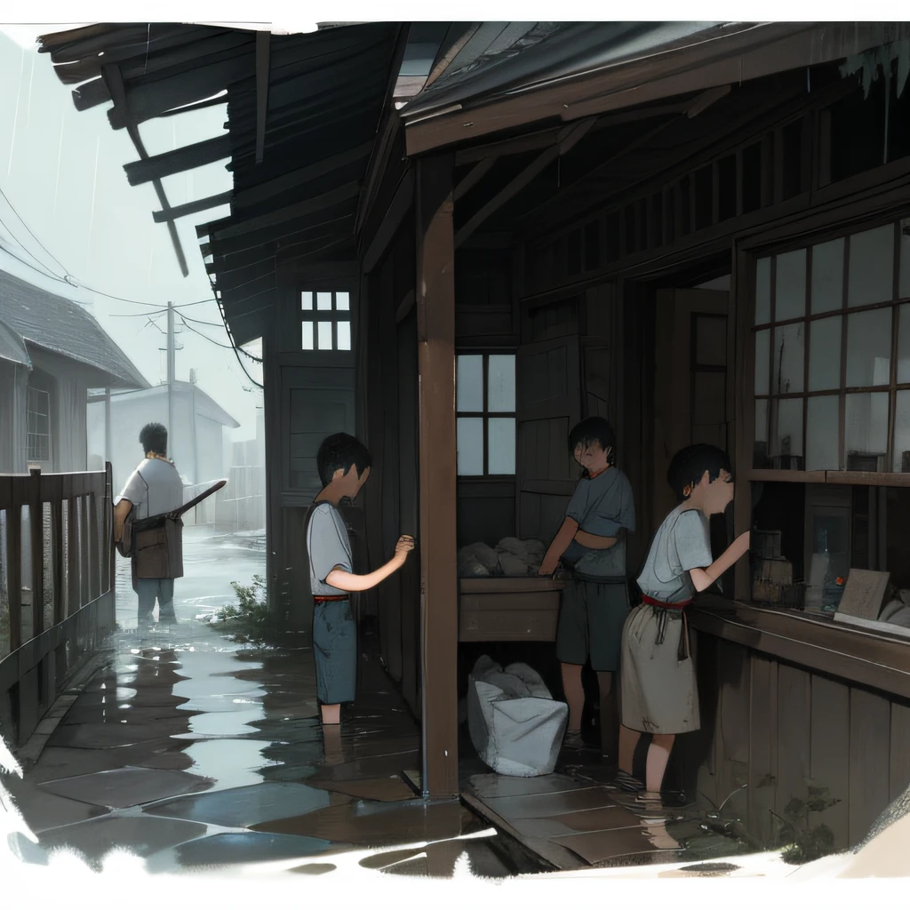Masterpiece,Best quality,Cinematic,Watercolor painting,rough charcoal sketch,Three eight-year-old boys,Holding sandbags,Dilapidated house,Flooded,rainy days,(Fight against natural disasters:1.1),