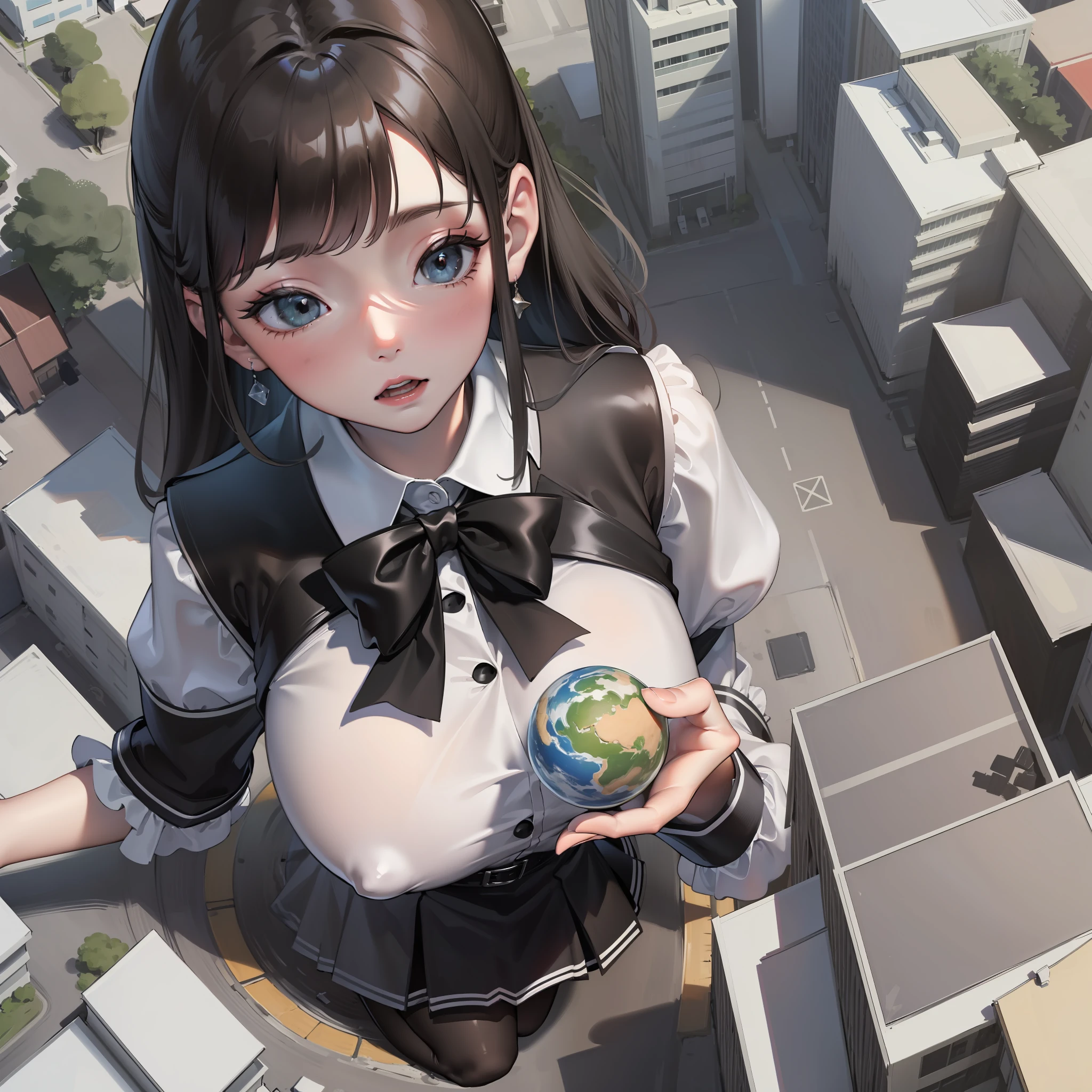 tmasterpiece,Best quality at best, 4K, A high resolution, Top view, Top angle of view,A giantess,full bodyesbian,(sitted:1.3),Modern high-rise,s the perfect face,Glossy glossy skin,Feminine expression,Black color hair,oppai,JK school uniform,black lence stockings