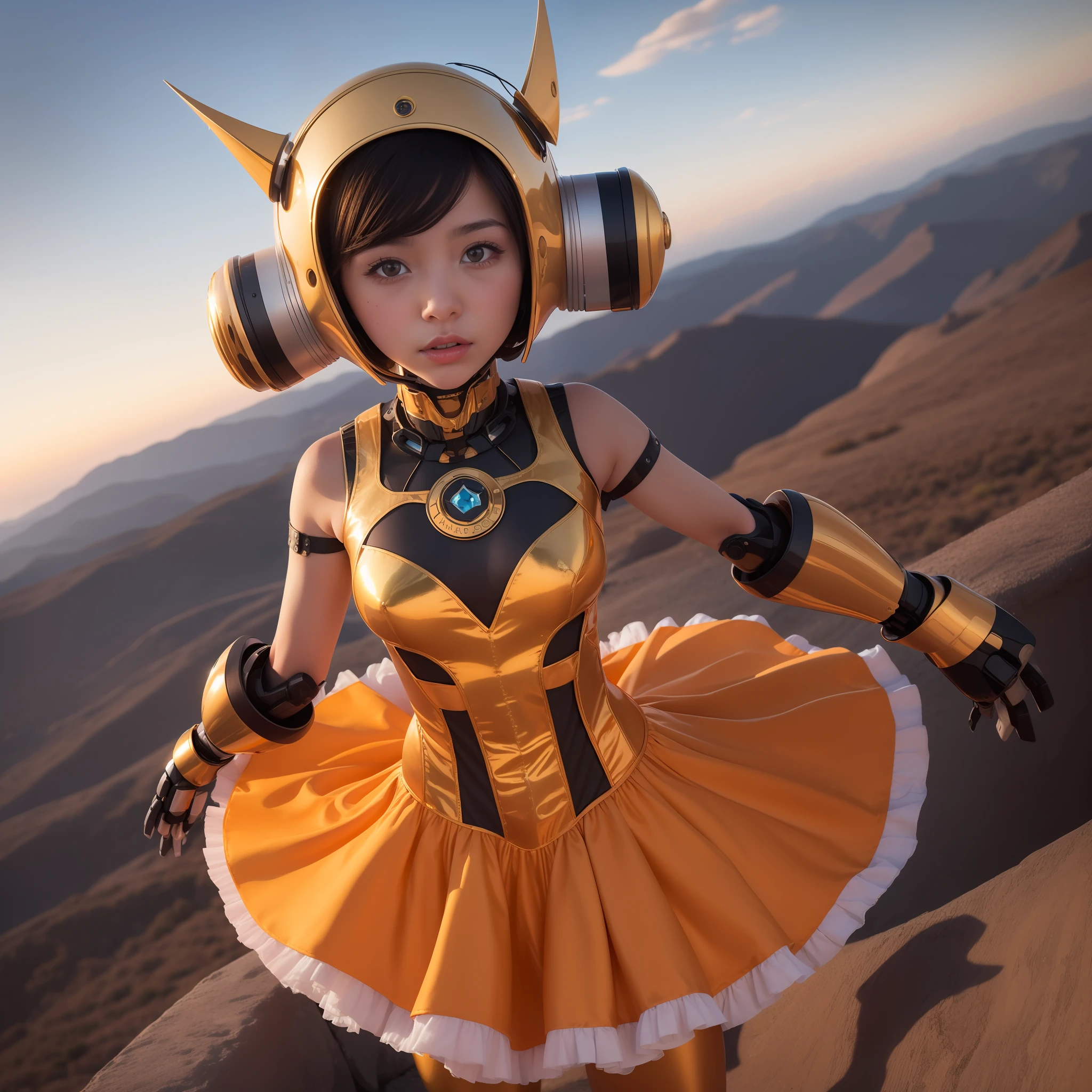 Robot ha manoide muy intrincado de hecha totalmente de oro. vestido con un tutu rosa. Dancing on top of a mountain watching an orange sunset