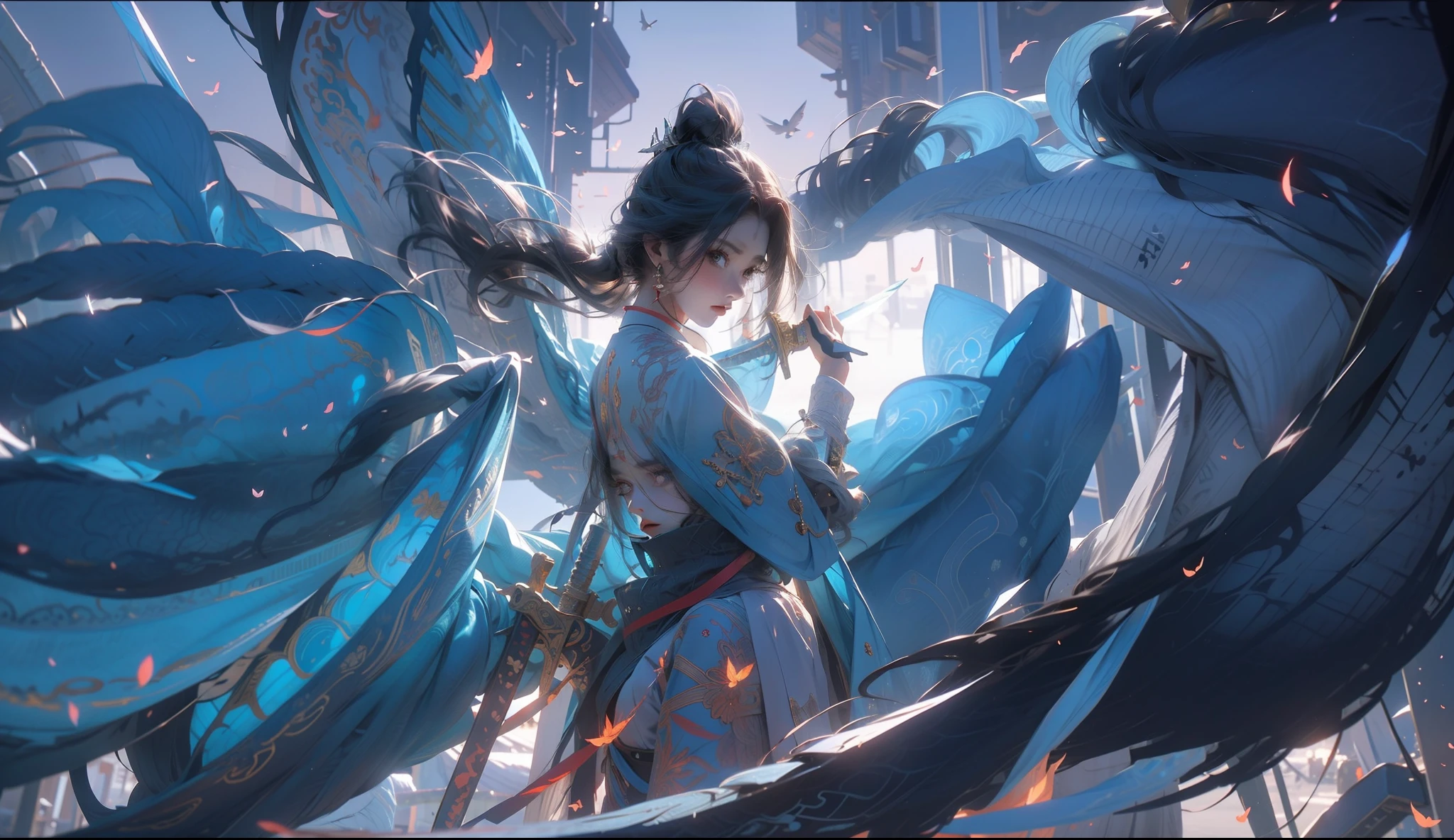 Anime female characters，With wings，Holding a precious sword，exquisite facial features，Phoenixes fly behind him，Hair flutters in the wind，The surrounding petals flutter in the wind，。