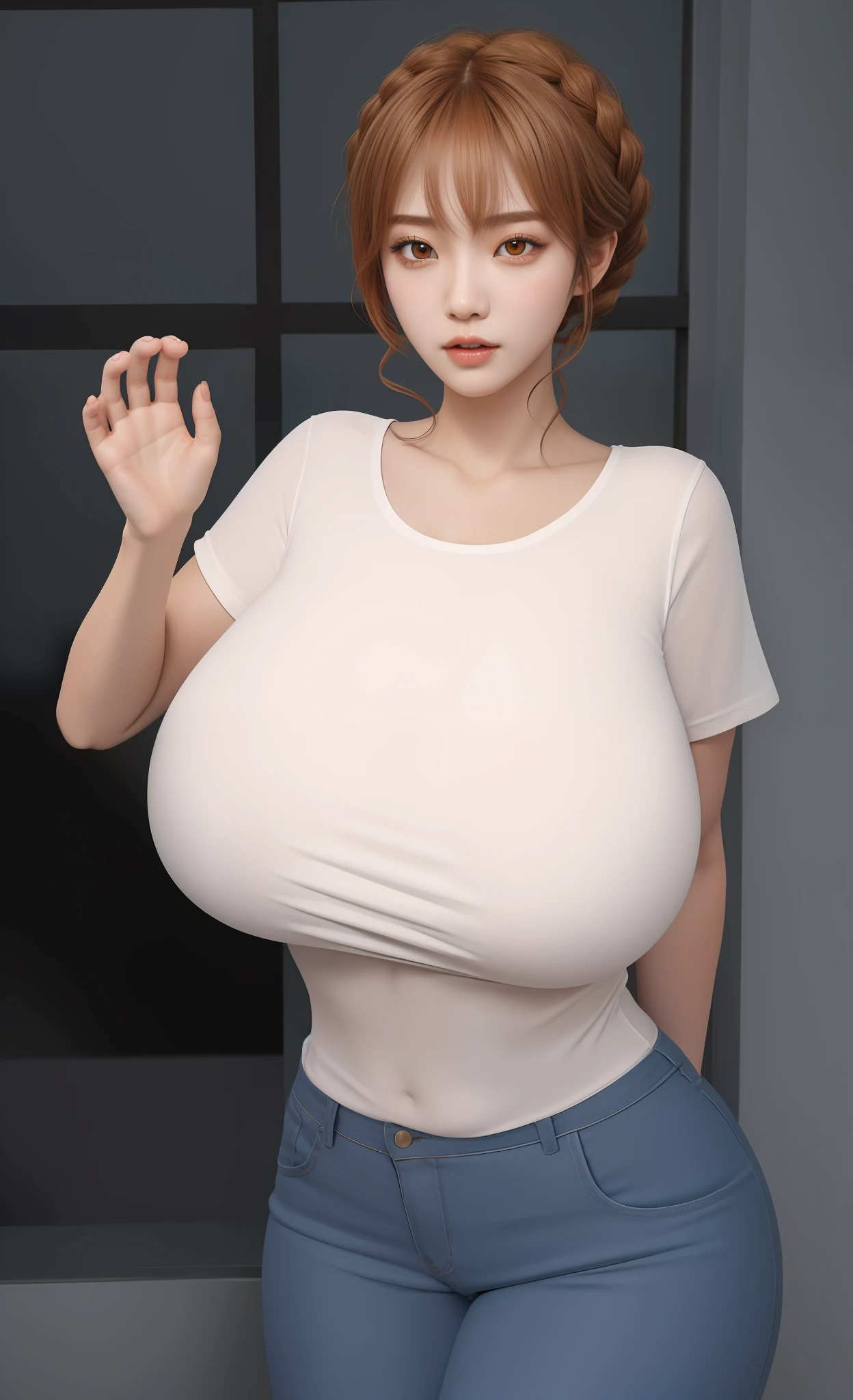An Idol k-pop girl, (cute face, lewd face), braid hair, intricate face details, detailed face, golden ratio face, ((huge breasts:1)), ((large breasts:1)), (gaint breasts:1)), ((big breasts:1)), ((slim waist, big butt, big hip, big thighs)), ((intricate hands, detailled hands)), ((intricate feets, detailled feets)), (she is sexually aroused), (full body), 64K, UHD, HDR, global illumination, (high quality, high detailed, hyper detailed, extremely detailed), photo realistic, ultra realistic, art photo, (clarify the details, detailed parts body), intricate artwork masterpiece, trending on artstation, (drunk face), (orange eyes:1), (polished skin:1,9), tight clothes, She greeted the audience with her right hand, window, wall, glass window