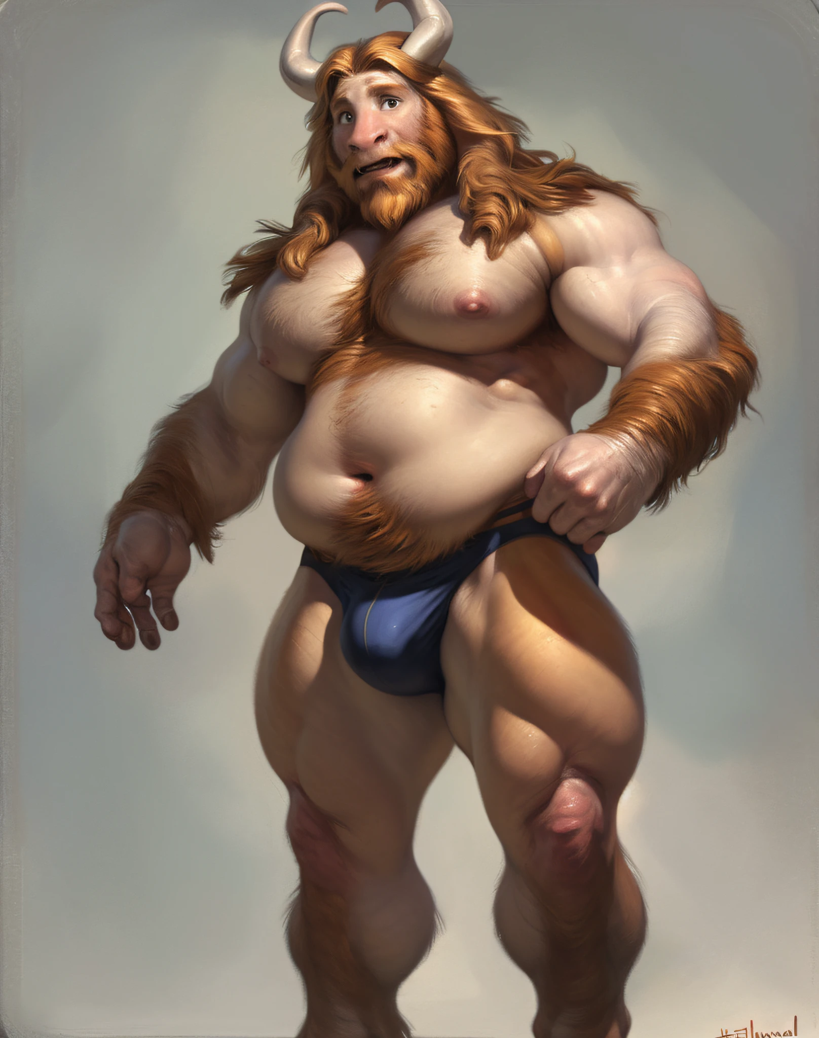 solo, anthro (goat), male, (muscular:1.5), adult, photorealistic, hyperrealistic, ultradetailed, natural pose, standing, by personalami, by honovy, by thebigslick, by taran fiddler, by pixelsketcher, correct hands, (bulge:1.1), (nips:1.1), brown underwear, brown thong, standing, grey wall background, (beefy:1.5), (bulky:1.9), (large pecs:1.2), front view, ((asgore dreemurr))