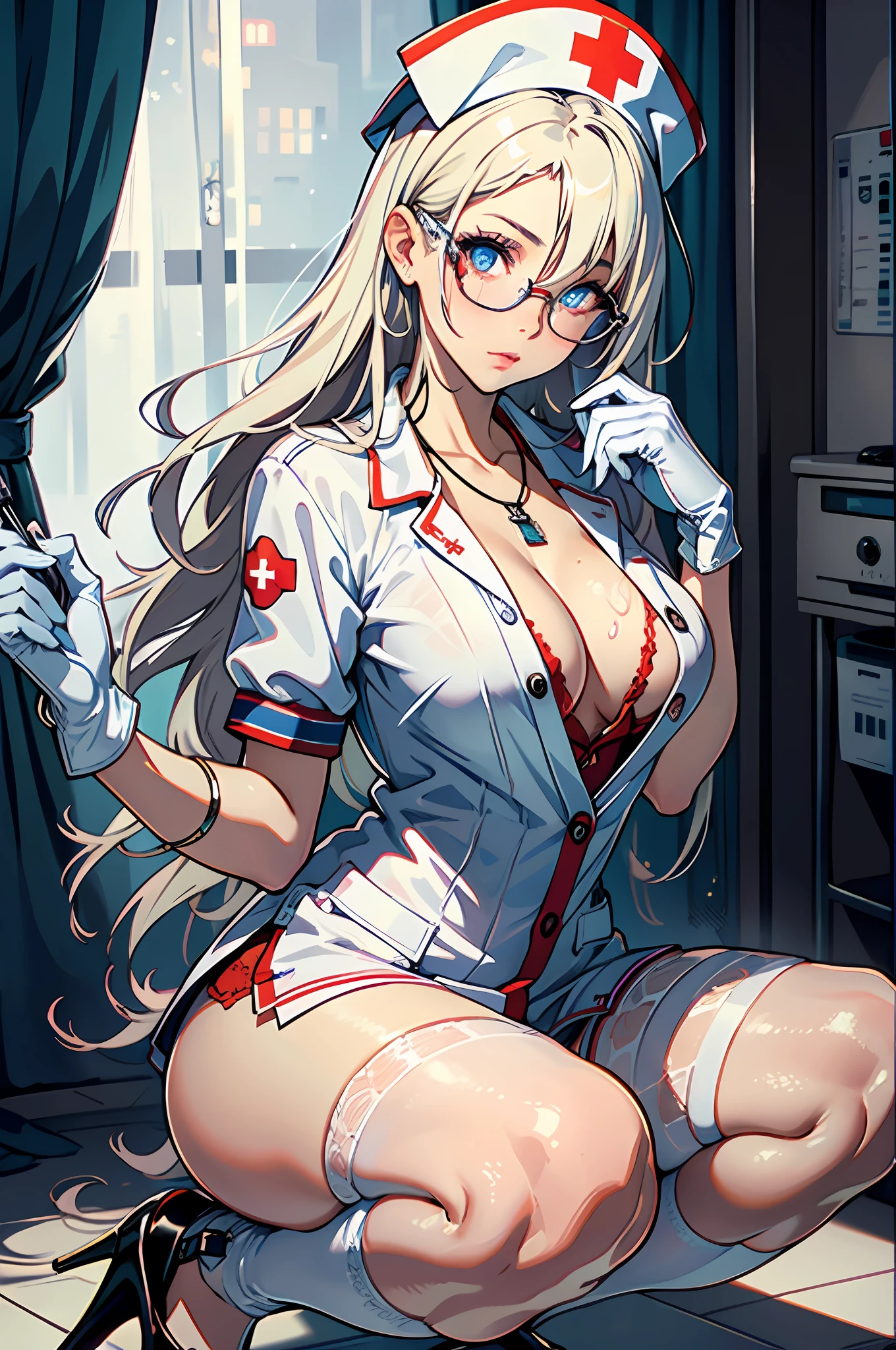 1girl in, (Solo:1.2), (Beautiful and detailed eyes description), (beautiful and detailed face), Perfect female body, neat figure, Slender waist, (20 years old), Long hair, Platinum Blonde Hair, Two-side-up,Very big eyes, Blue eyes, eye glasses, Smaller chest, cleavage, blush, Shy, watery lips, Nurse, (Nurse Uniform), Nurse Cap, (Unbutton with both hands),Stunning lace and moss green underwear, (White Gloves:1.2), (White pantyhose), high-heels, a necklace, Hospital bed, White curtains, Sunlight, hand between legs, Straddle the camera, Squatting, (Best Quality), (ultra-detailliert), (masuter piece), (hight resolution), (Original), (the Extremely Detailed CG Unity 8K Wallpapers), Character Design, Game CG, Detailed Manga Illustration