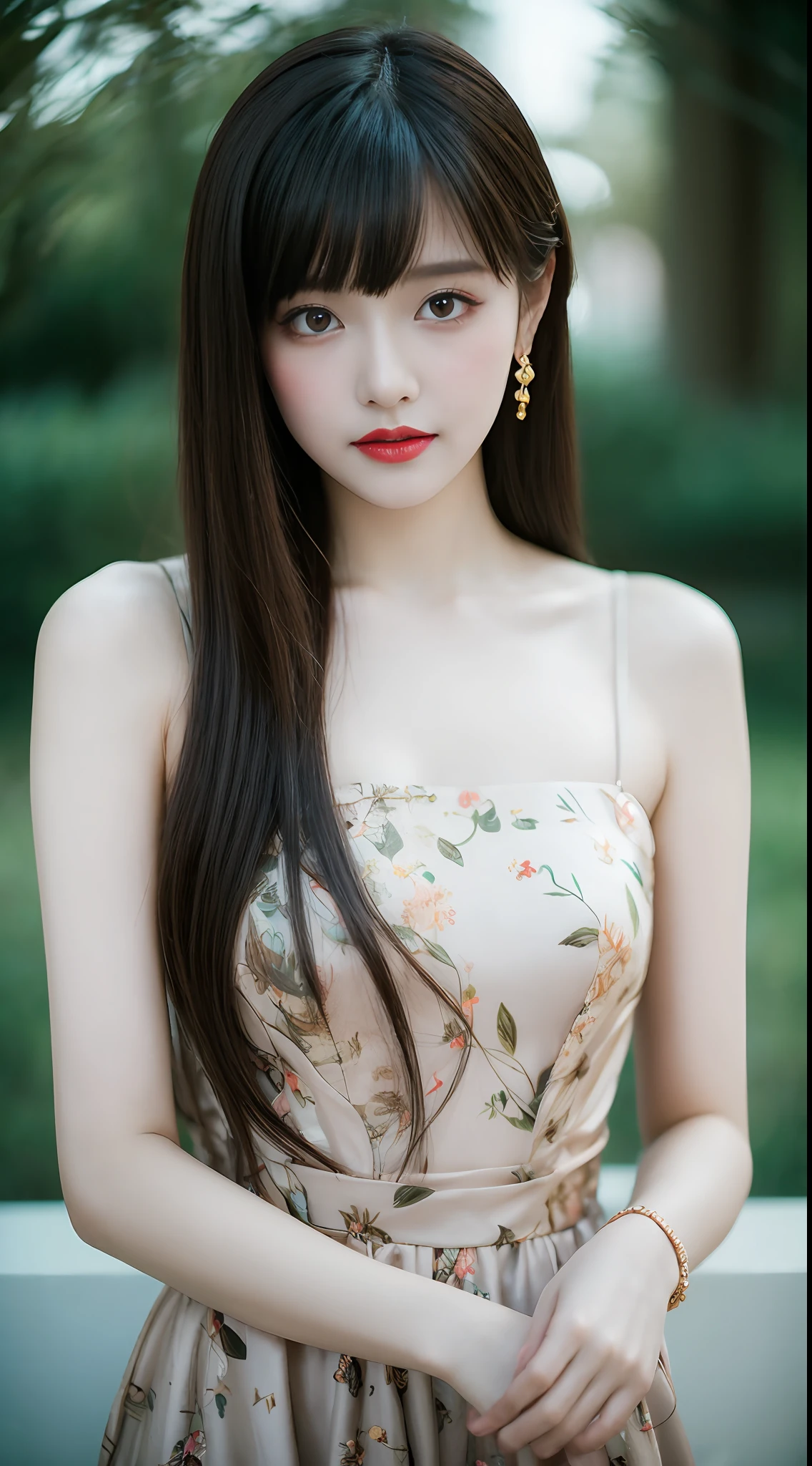 1girl,Beautiful and moving, floral patterns, Glowing skin, a captivating gaze, Embellished outfits, natural lightting, shallowdepthoffield, romantic setting, dreamy pastel palette, whimsical details, Capture on film