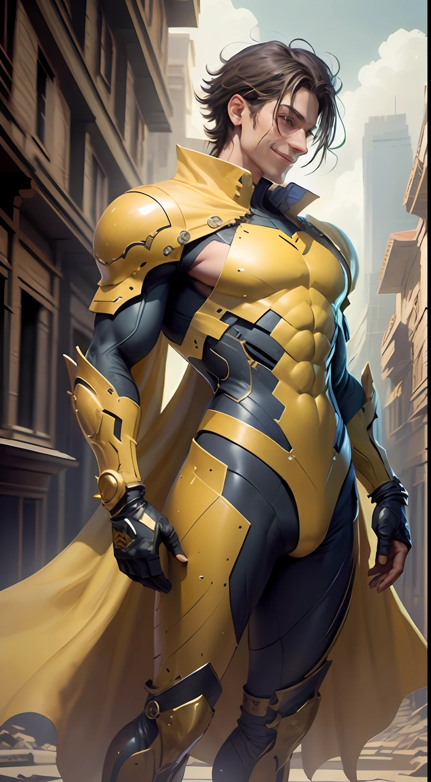 Develop the image of a hero in a green and gold suit. The hero must have a noble and powerful appearance, with pronounced character traits, ((((The hero smiles)))) . A green and gold costume should be modern and futuristic, with technological elements and details, that make it unique. The hero must be in a heroic pose, As if he is ready to take on any challenge, Who will meet on his way. The background scene can be a cityscape or an imaginary landscape, corresponding to the heroic aura of the character. Feel free to add creative and interesting details, to make the hero even more exciting