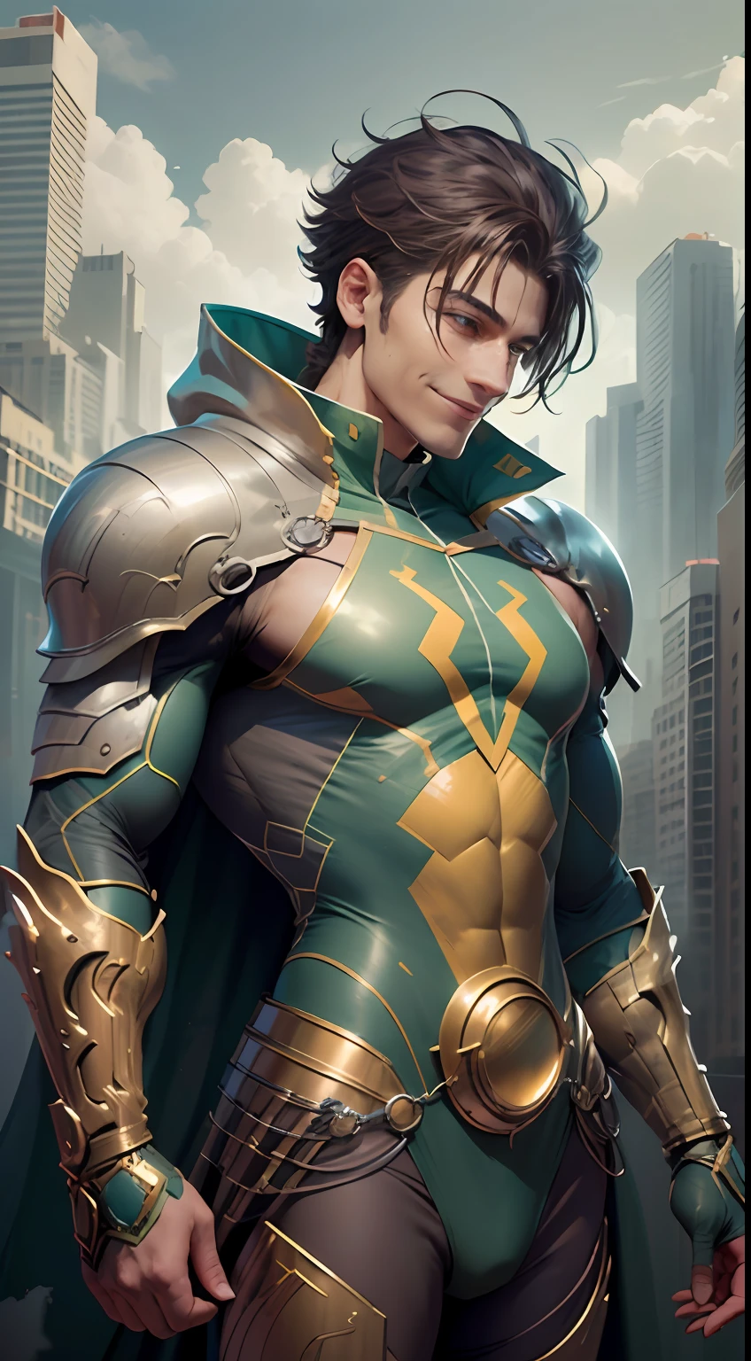 Develop the image of a hero in a green and gold suit. The hero must have a noble and powerful appearance, with pronounced character traits, ((((The hero smiles)))) . A green and gold costume should be modern and futuristic, with technological elements and details, that make it unique. The hero must be in a heroic pose, As if he is ready to take on any challenge, Who will meet on his way. The background scene can be a cityscape or an imaginary landscape, corresponding to the heroic aura of the character. Feel free to add creative and interesting details, to make the hero even more exciting